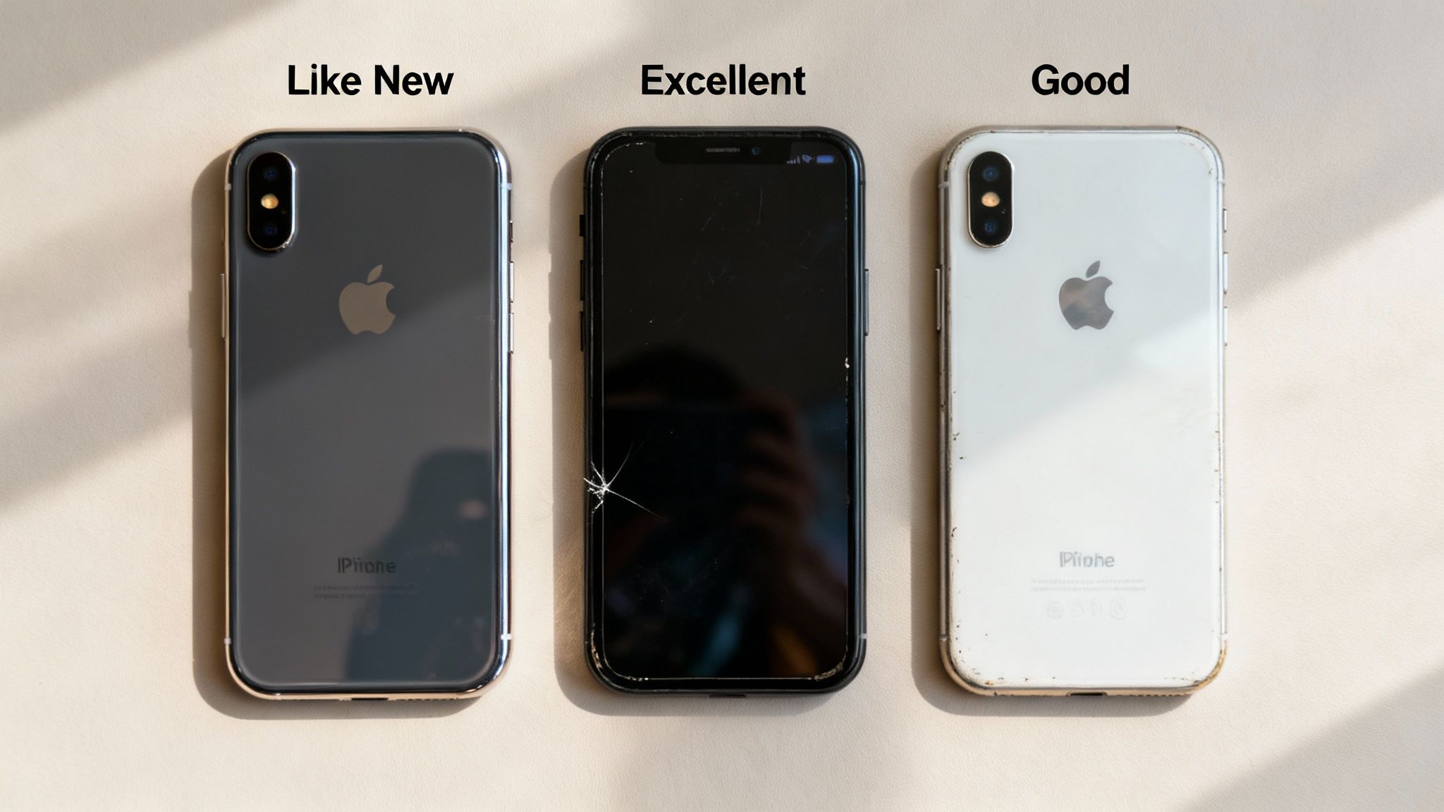 Three iPhones side-by-side demonstrating different physical conditions: like new, excellent with a cracked screen, and good with visible wear.