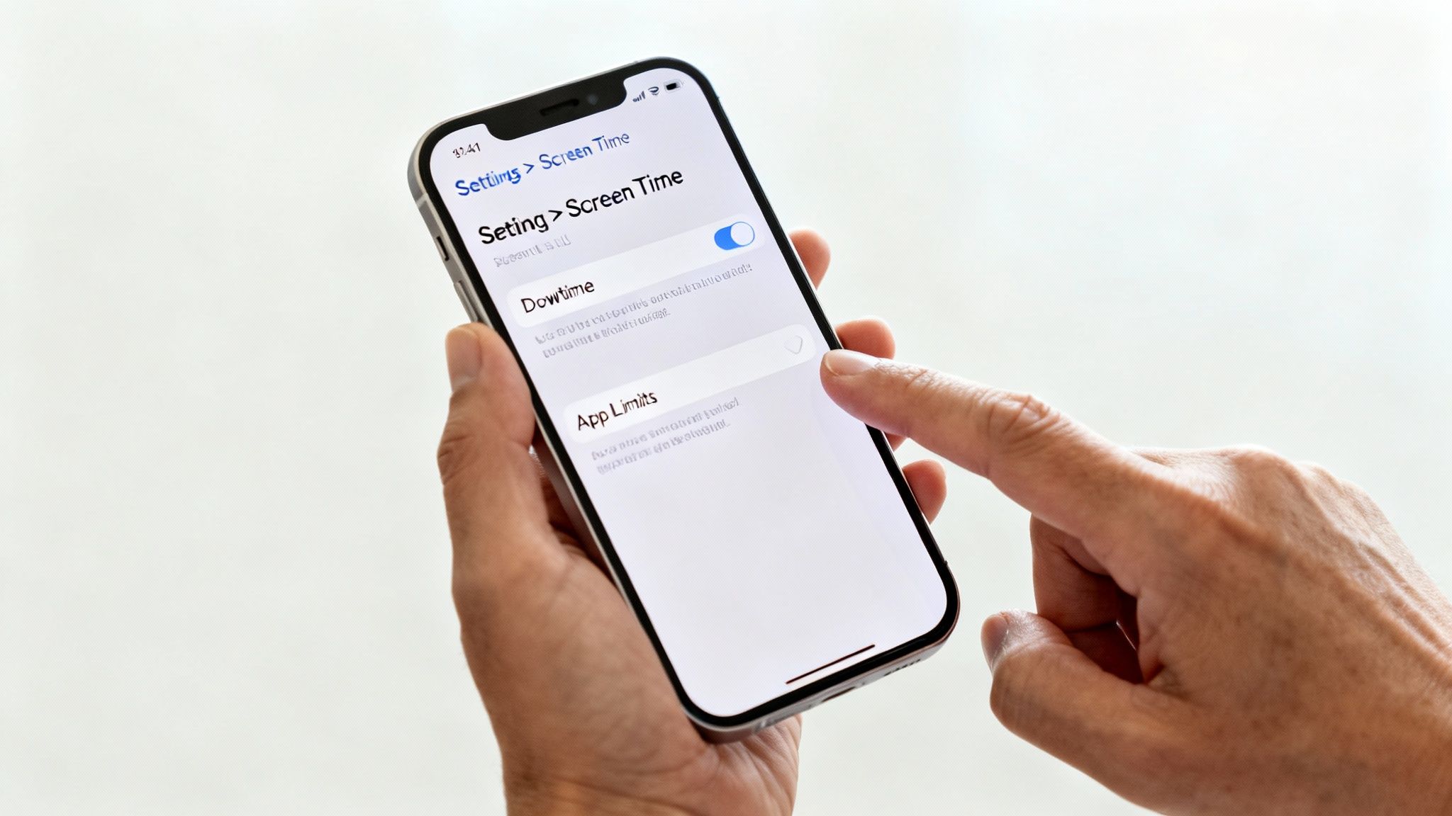 A hand taps on the 'App Limits' section within the Screen Time settings on an iPhone.