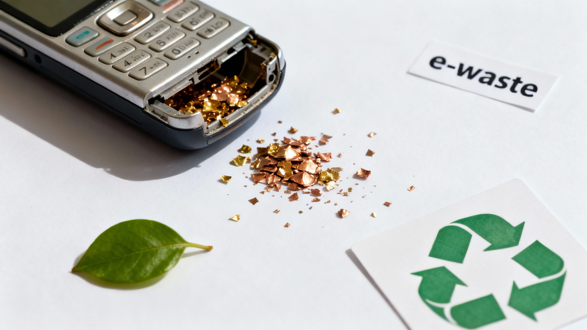 Broken mobile phone, precious metal flakes, 'e-waste' text, recycle symbol, and a green leaf.
