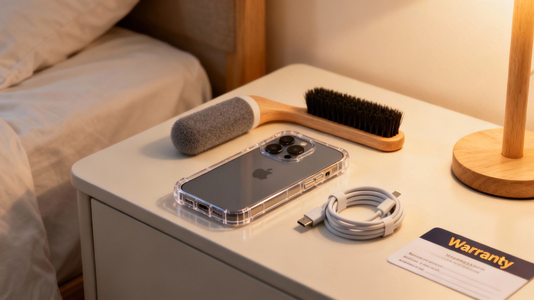 Close-up of an iPhone in a clear case, charging cable, and cleaning brushes on a nightstand.