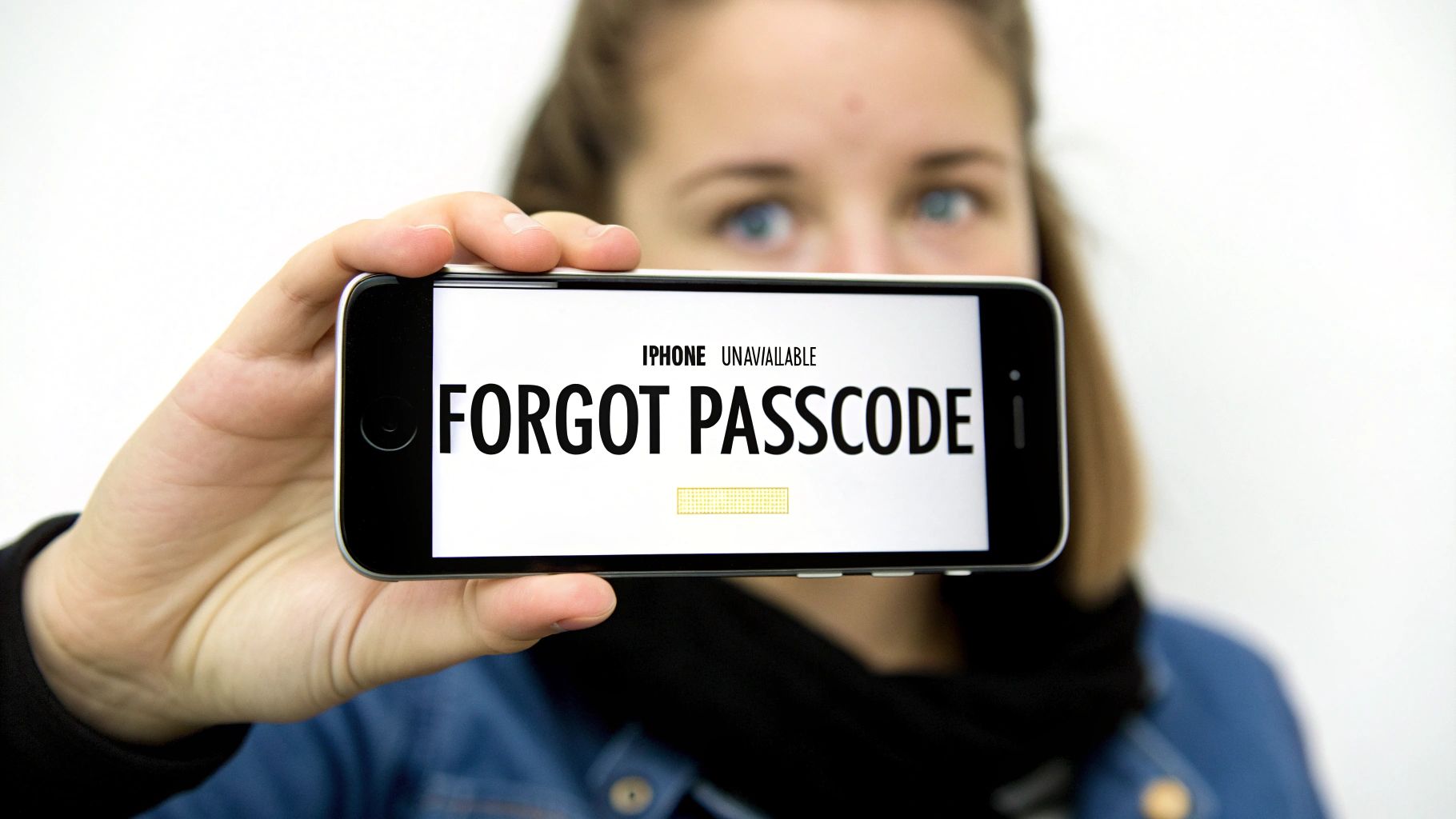 A person looking at their iPhone with a frustrated expression, illustrating the feeling of being locked out.