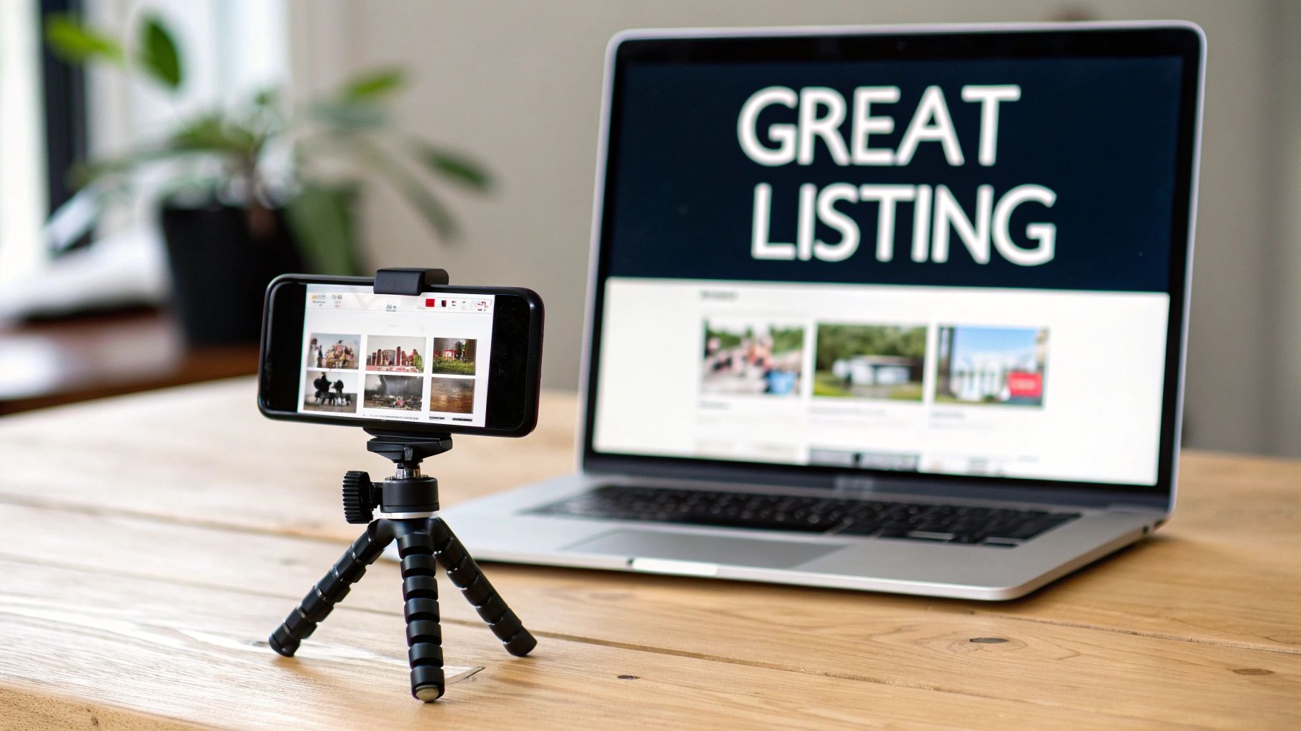 A close-up of a smartphone screen showing a well-crafted online sales listing with a clear title and description.