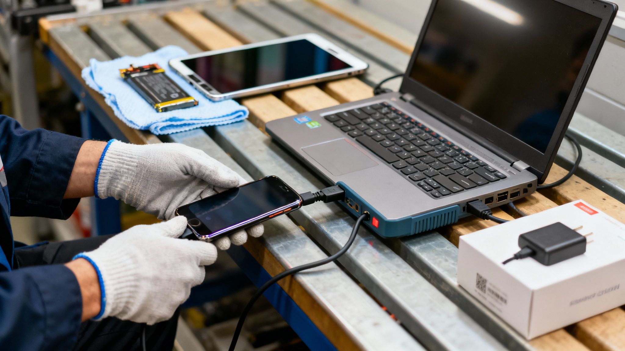 Person in white gloves connecting a smartphone to a laptop for repair on a workbench.