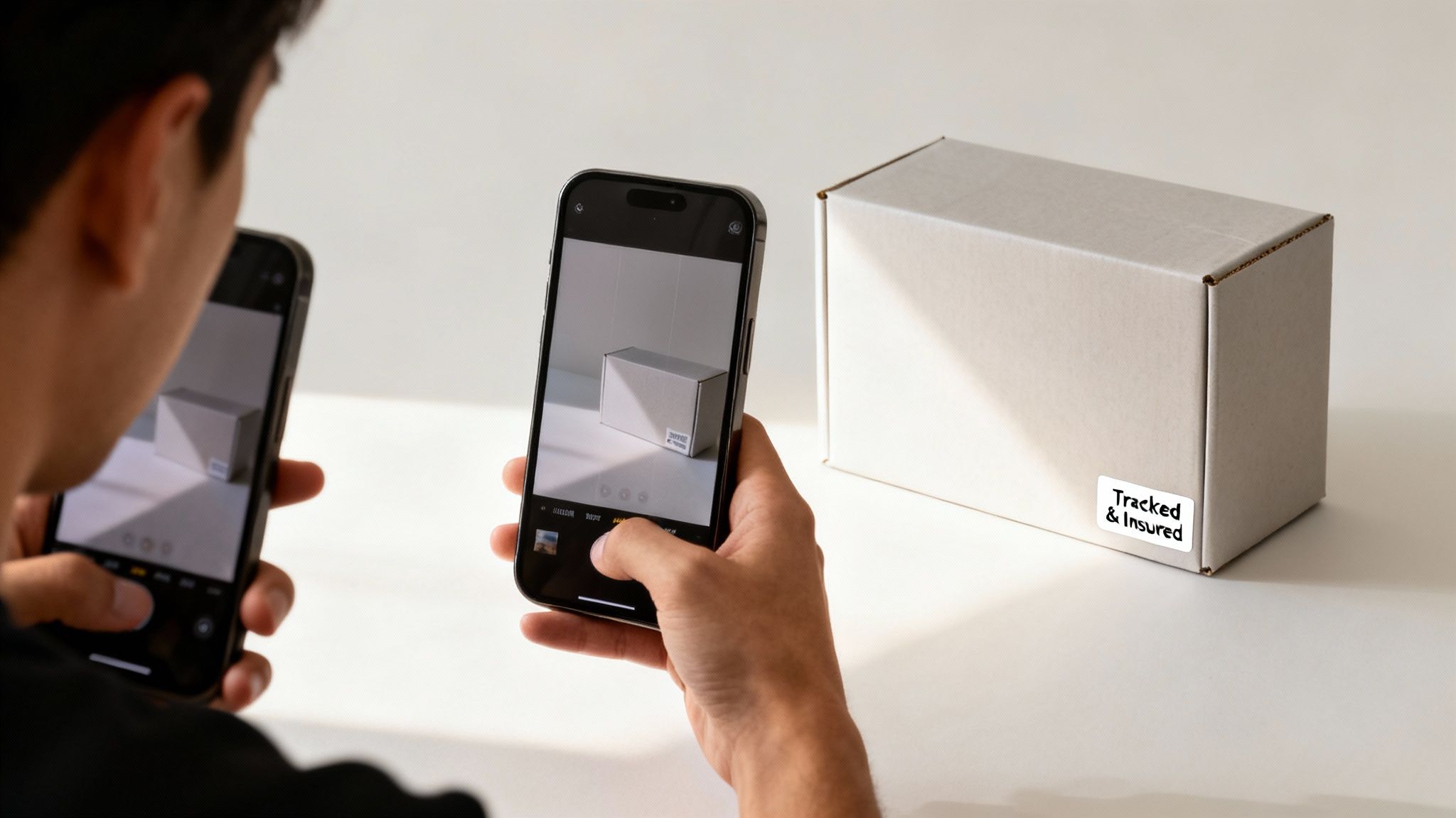 A person uses an iPhone to photograph a light brown cardboard box with a "Tracked & Insured" label.