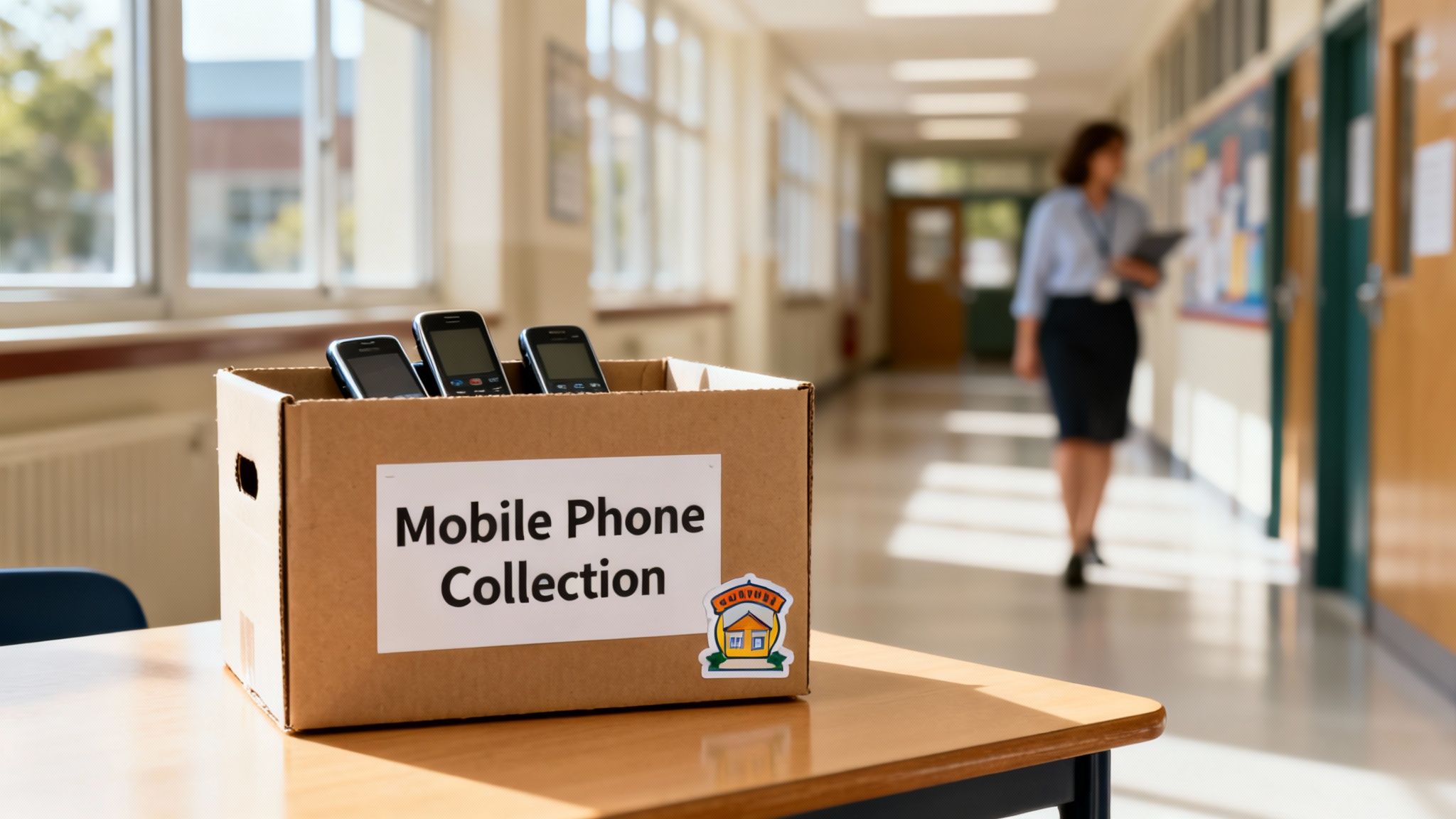 Cardboard box labeled 'Mobile Phone Collection' on a school desk, indicating a recycling or charity drive.
