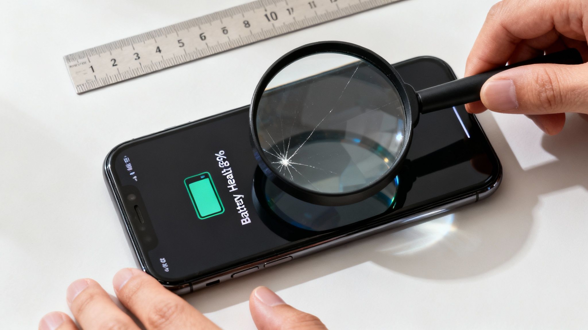 A person inspects a smartphone displaying 'Battery Health 8%' with a cracked magnifying glass, next to a ruler.
