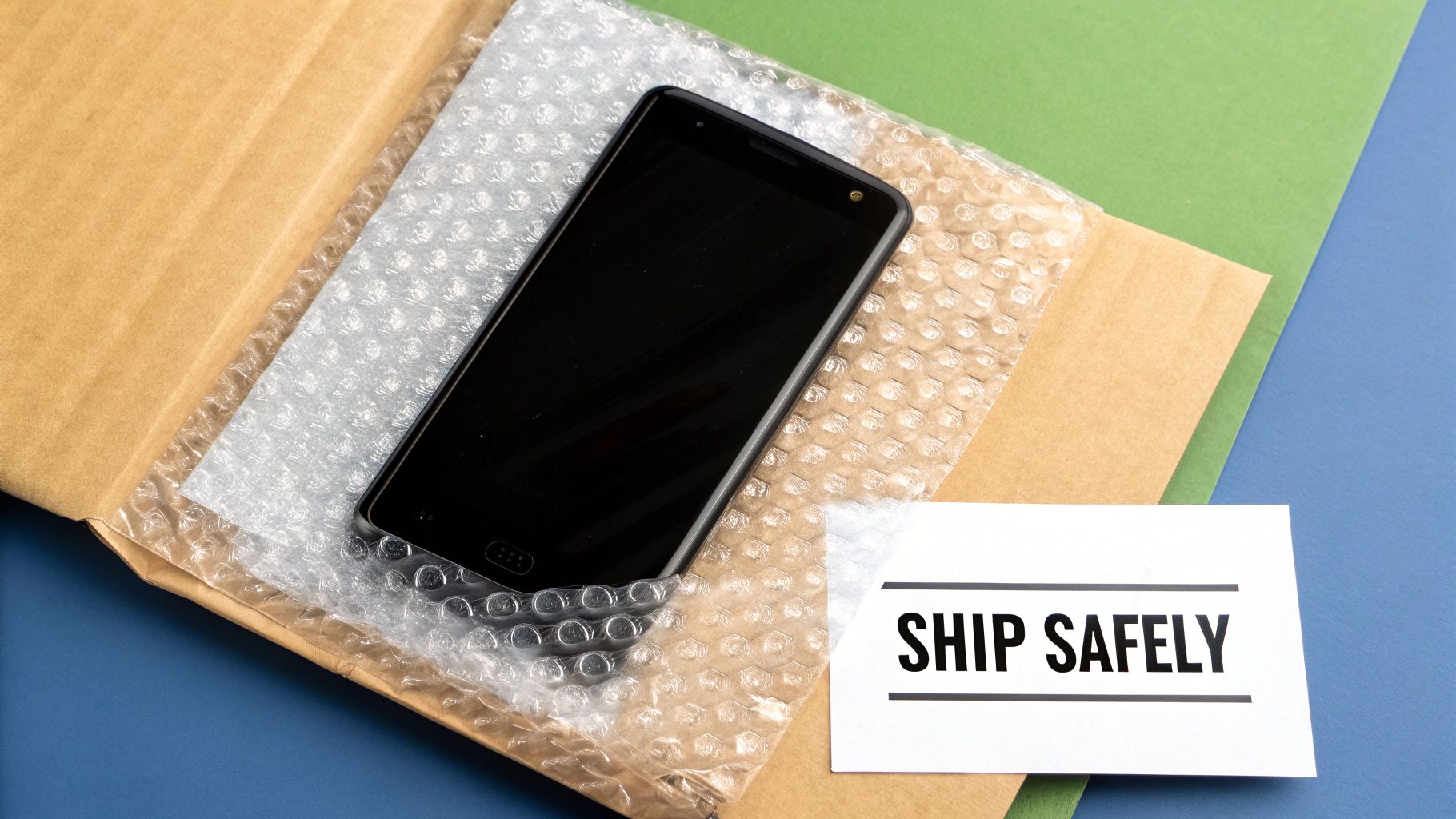 A person securely packaging a mobile phone in a padded envelope with bubble wrap.