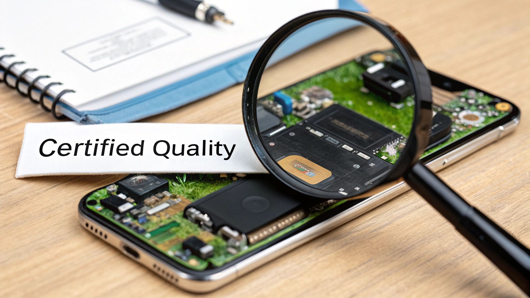 A technician in a clean workshop carefully inspecting a smartphone with tools nearby.