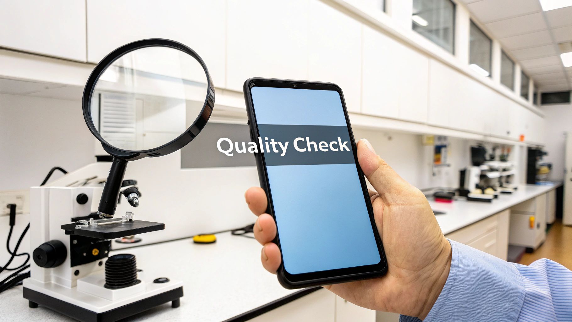 A hand holding three identical smartphones, each with a sticker showing 'A', 'B', and 'C' to represent different quality grades.