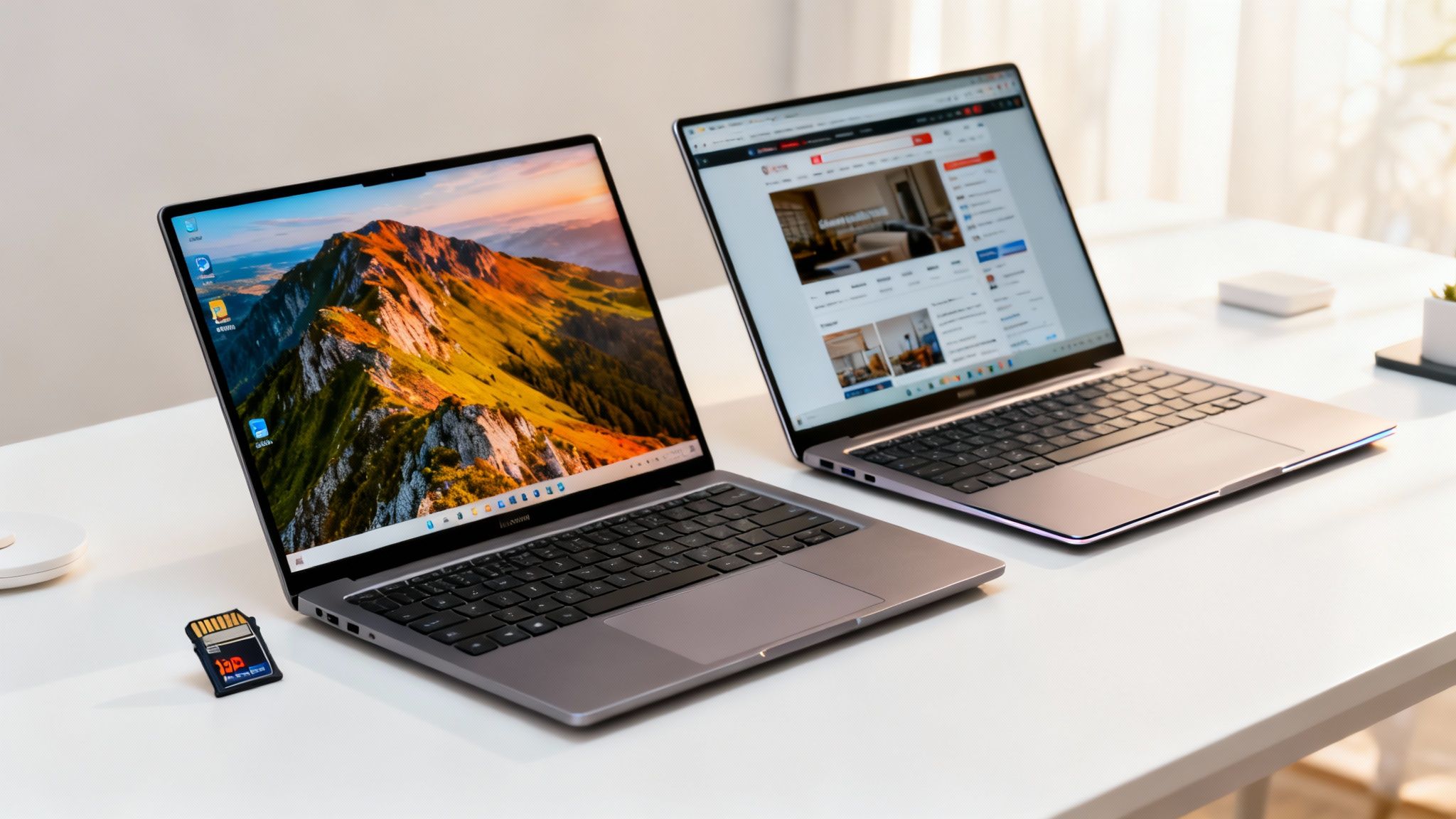 Two open laptops on a clean white desk, one showing a mountain wallpaper, the other a website, with an SD card.