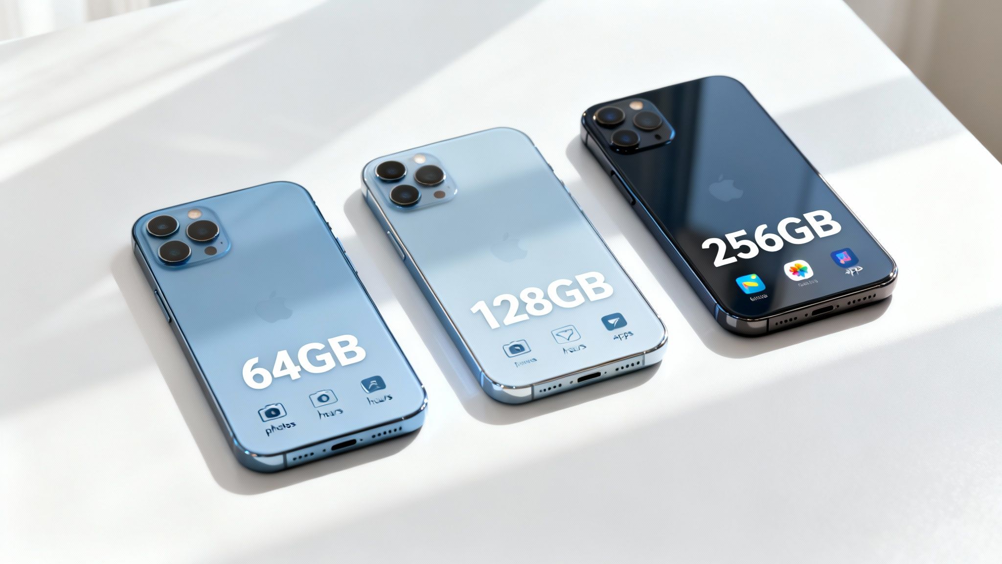 Three iPhones displaying different storage capacities: 64GB, 128GB, and 256GB for media.