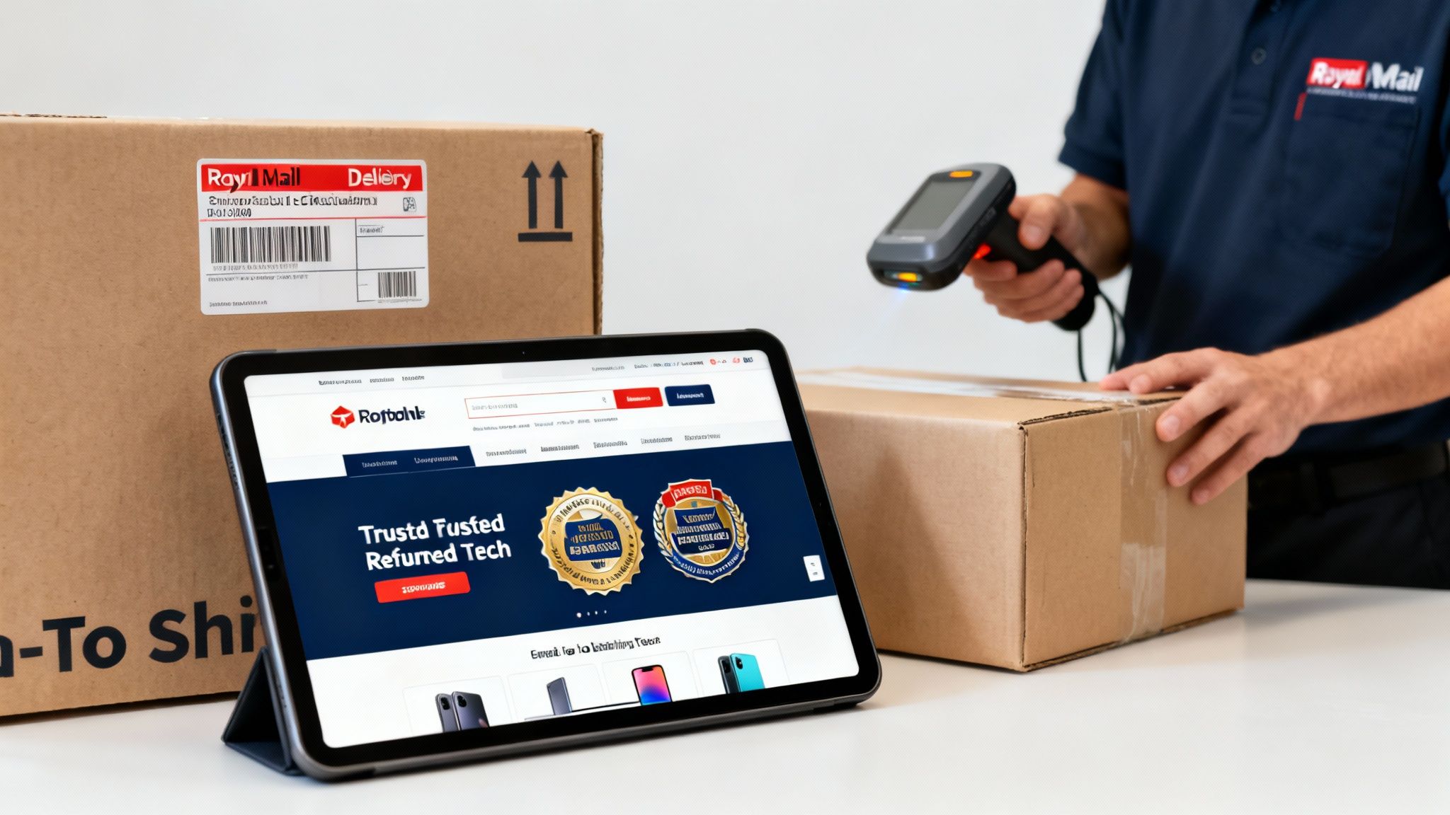 Royal Mail worker scans a delivery package, with other boxes and a tablet showing refurbished tech deals.