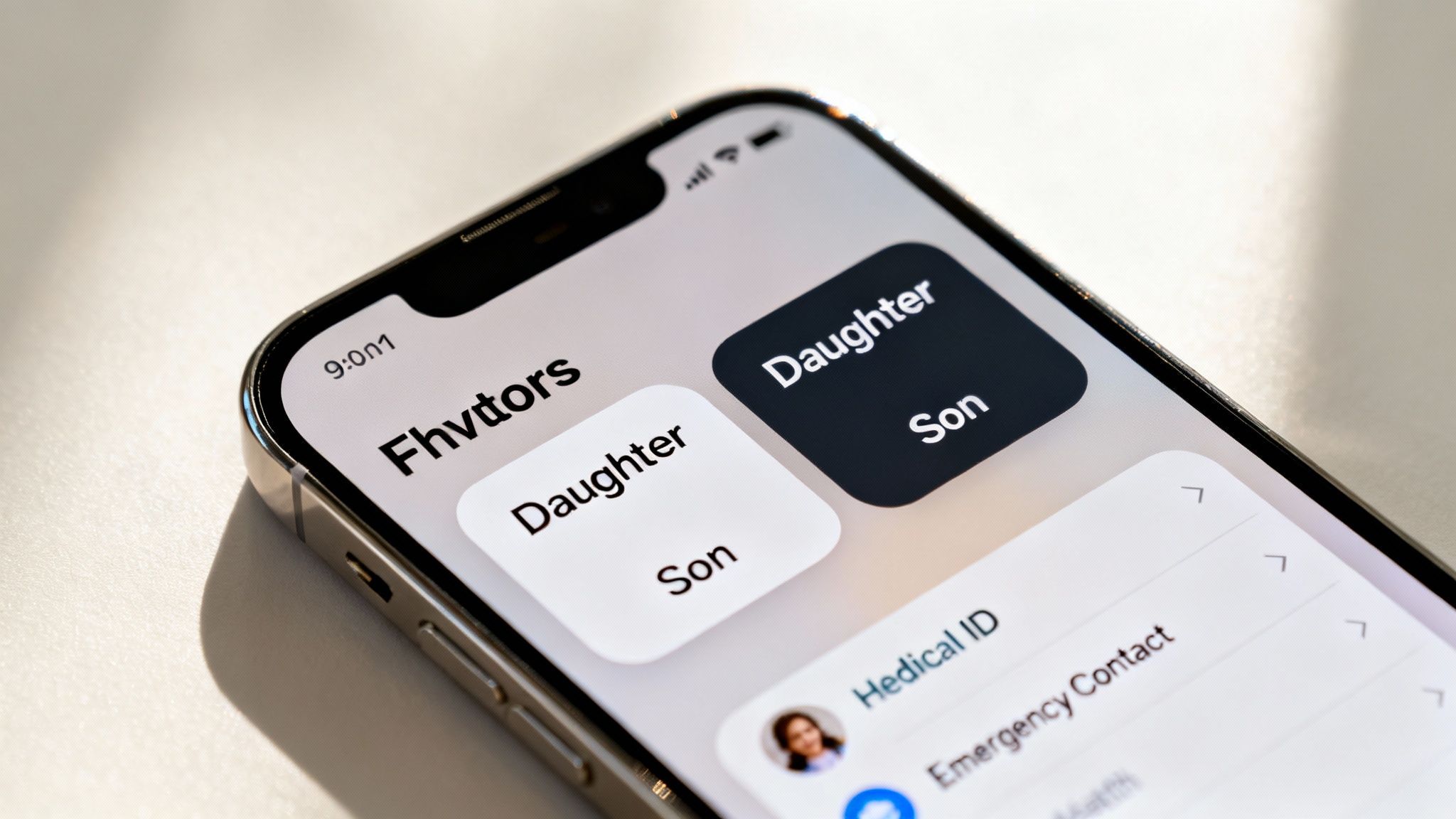 Close-up of an iPhone screen showing 'Favorites' with 'Daughter' and 'Son' contact options.