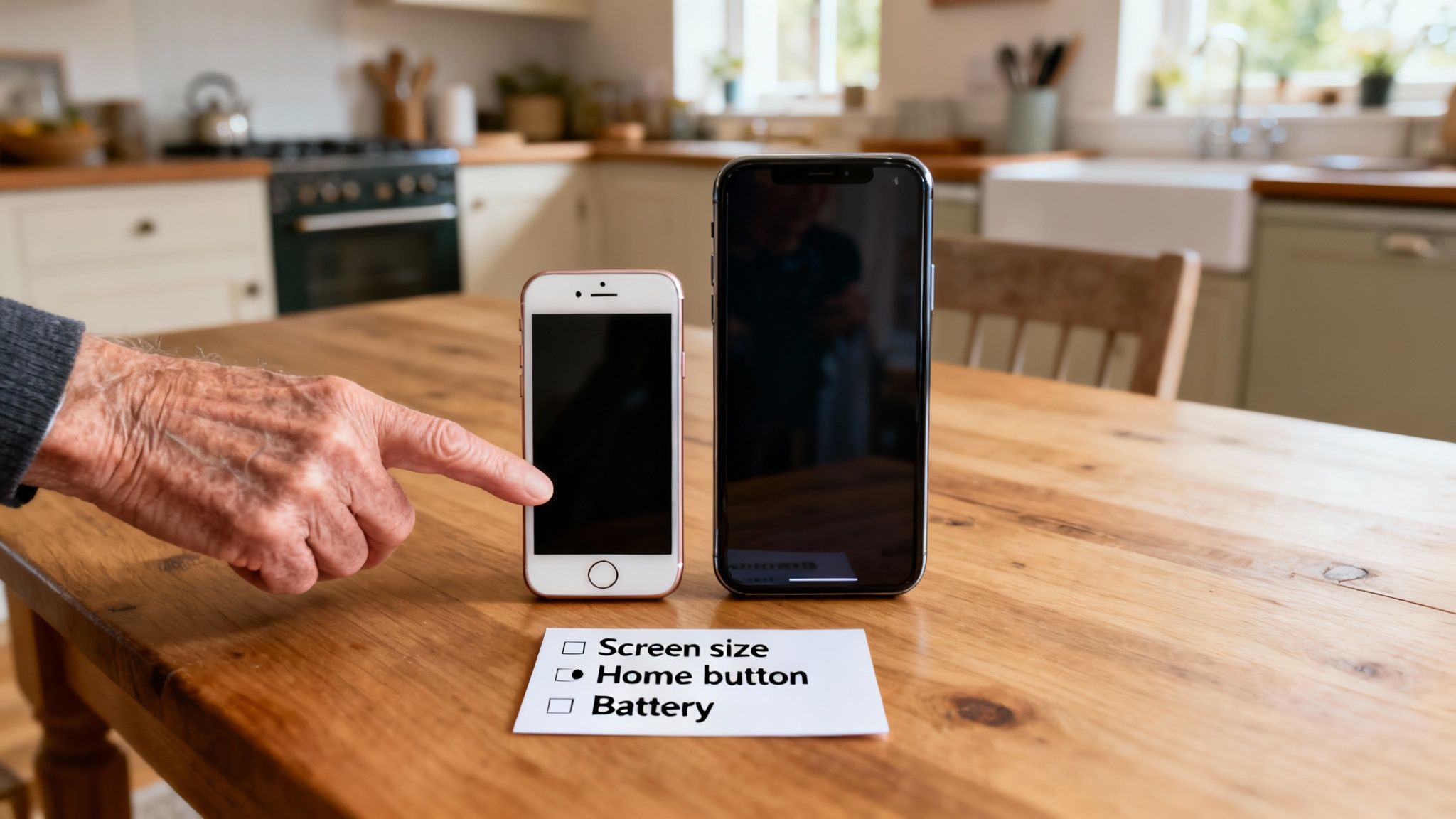 Elderly hand points to a smaller smartphone with a home button, comparing it to a larger one.