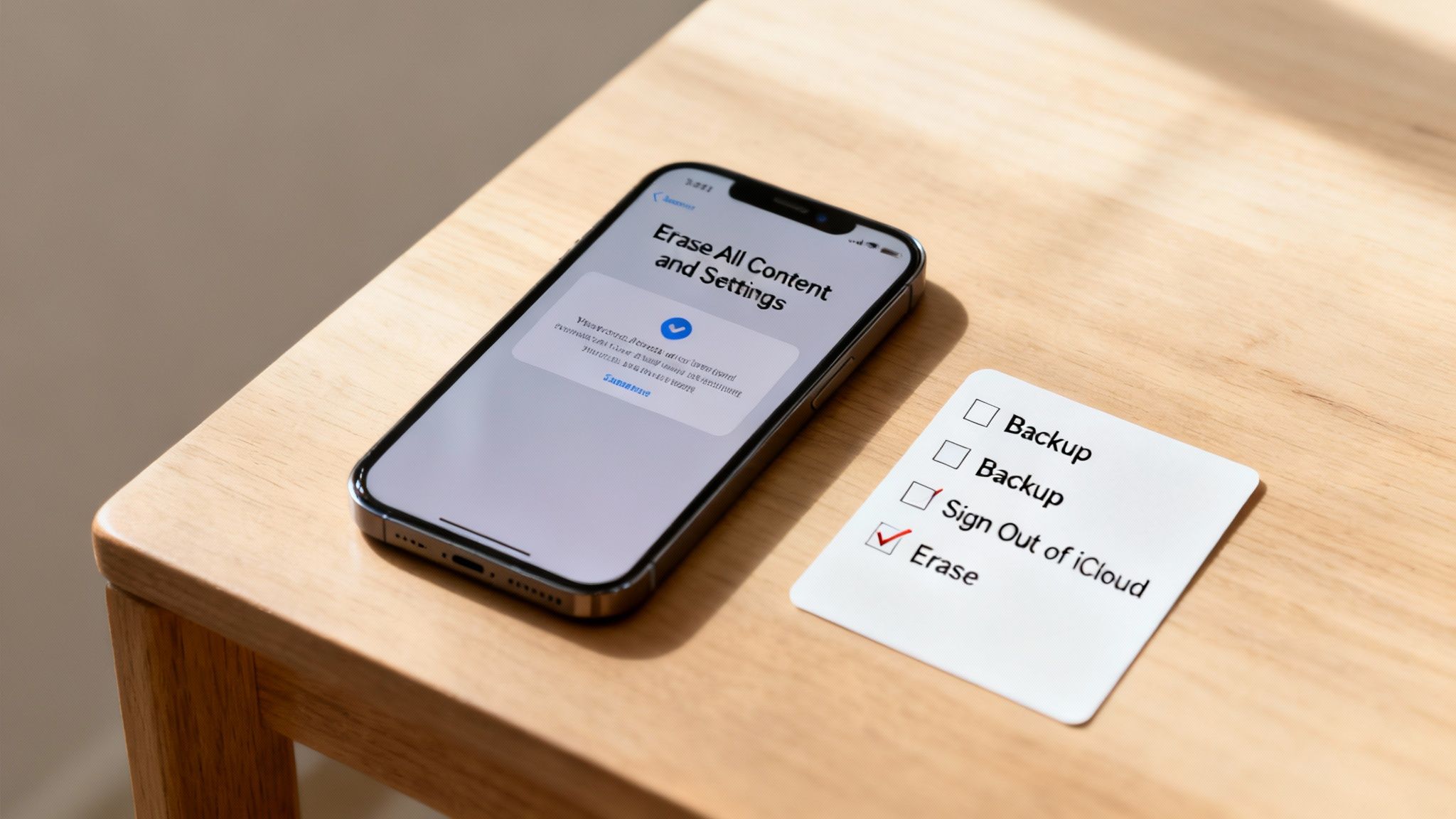 An iPhone displaying 'Erase All Content and Settings' next to a data deletion checklist with 'Erase' checked.