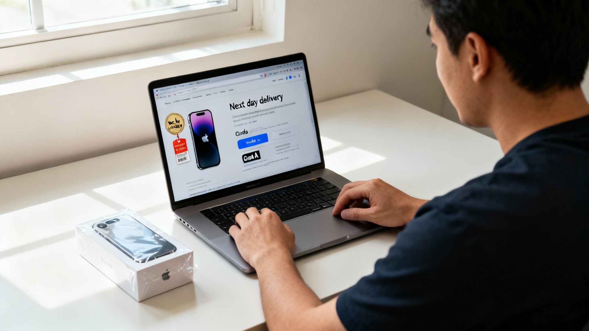 A person views an online store on a laptop, showing next-day delivery for an iPhone, with a new iPhone box beside it.