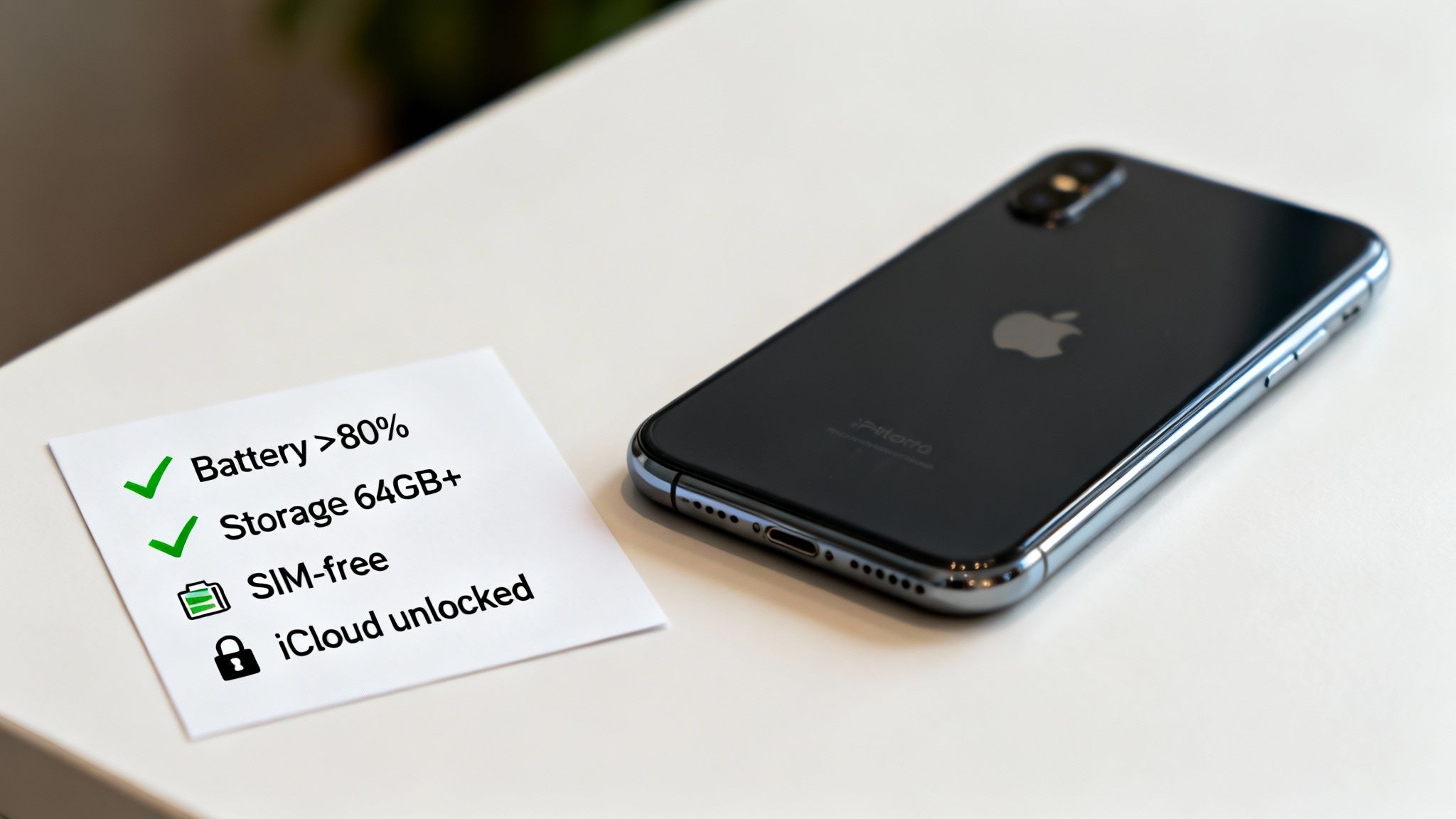 An iPhone next to a note detailing its specifications: battery over 80% and 64GB+ storage.