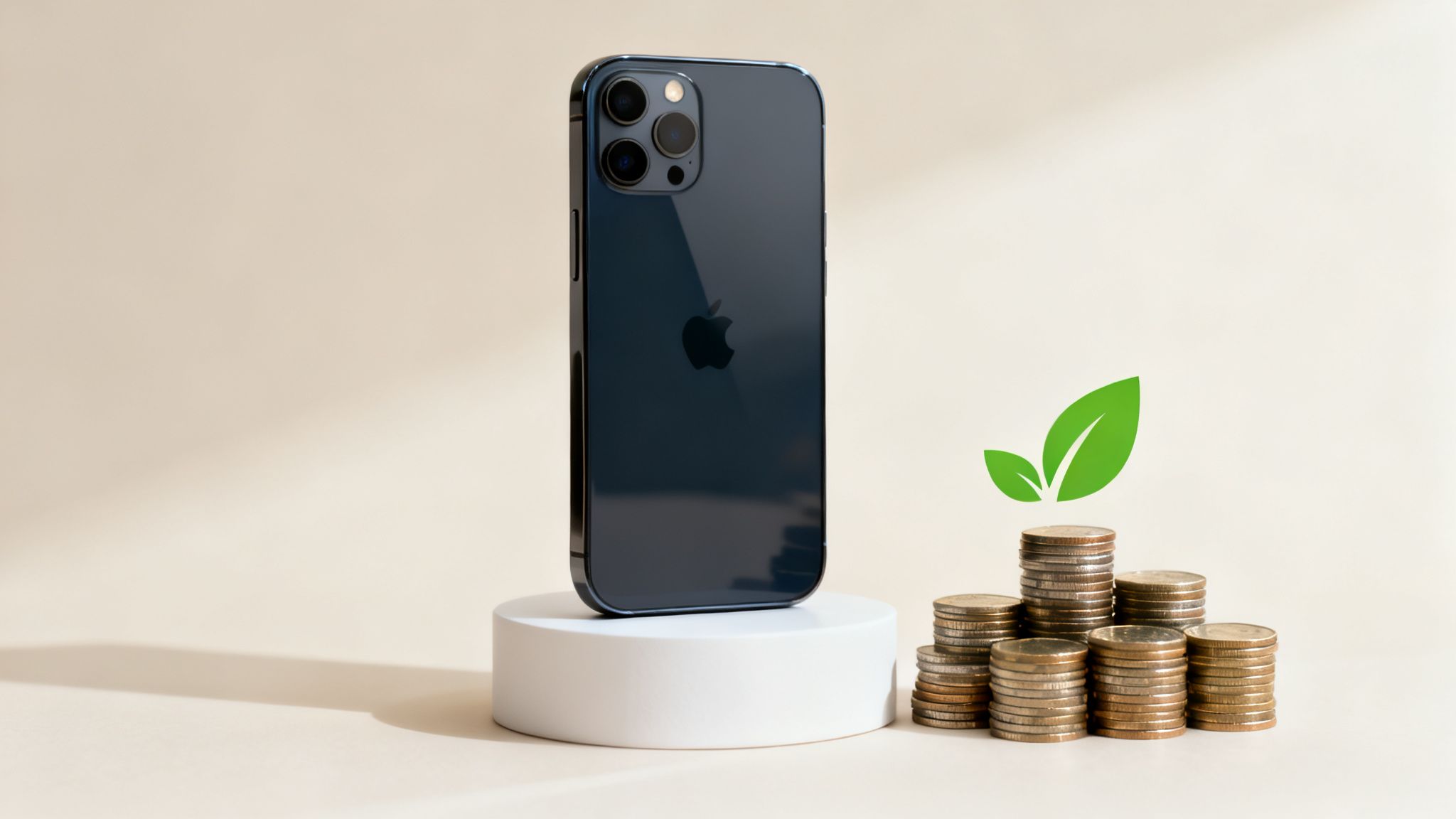A dark blue iPhone on a white pedestal, surrounded by stacks of coins and a green leaf.