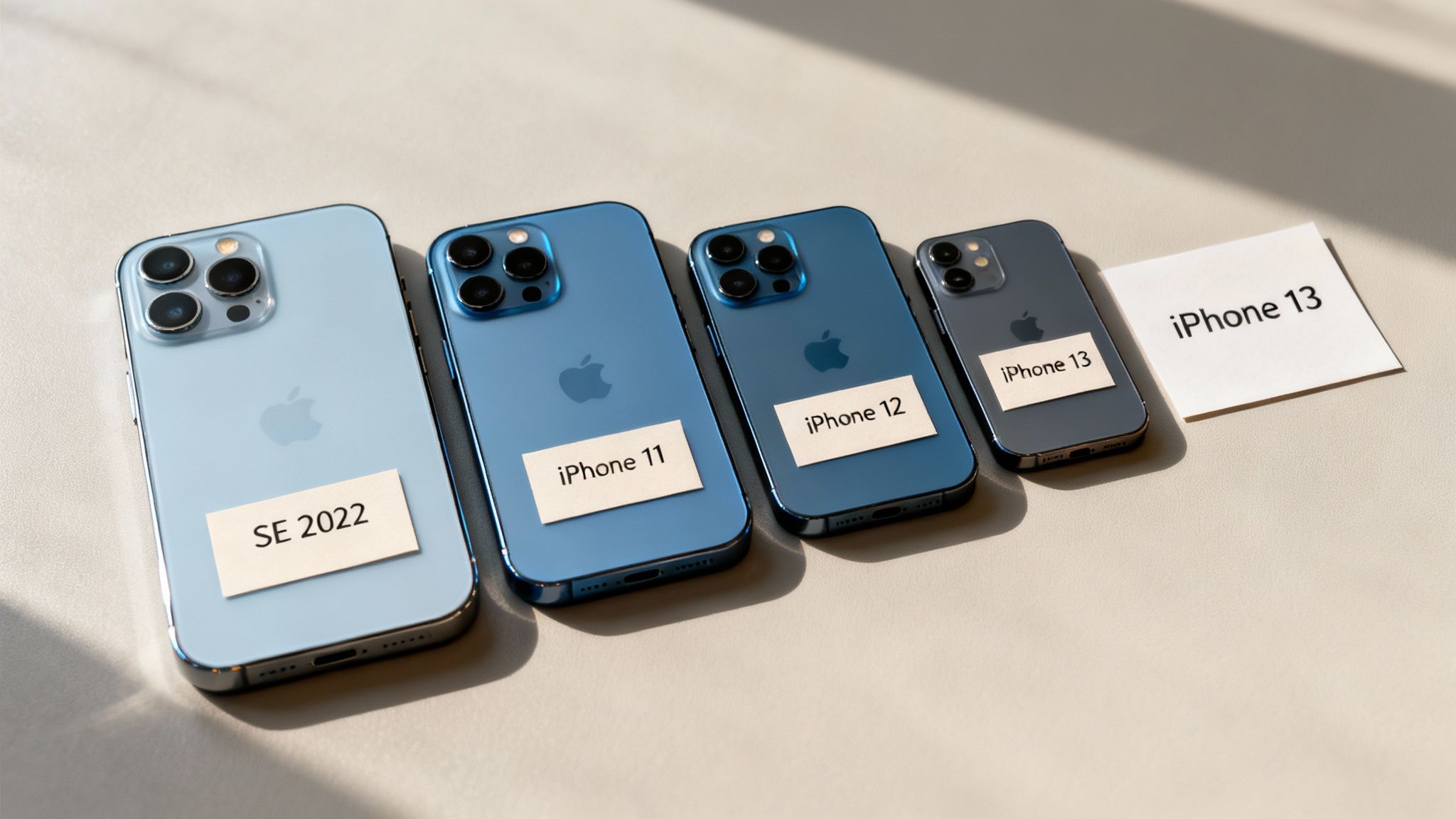 Several iPhones, including SE 2022, 11, 12, and 13 models, displayed on a light surface.