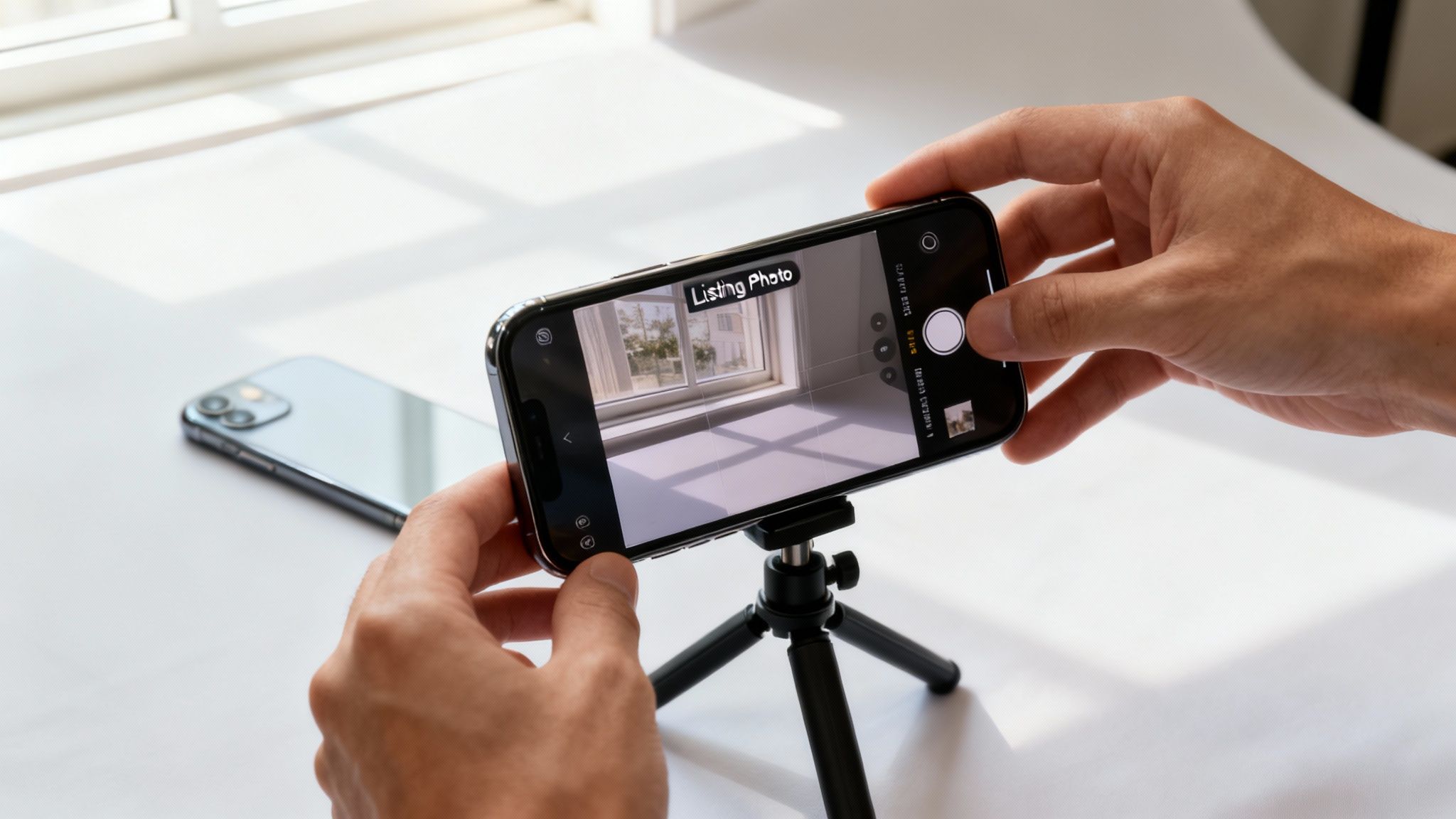 Hands holding a smartphone on a tripod, displaying a real estate listing photo on its screen.