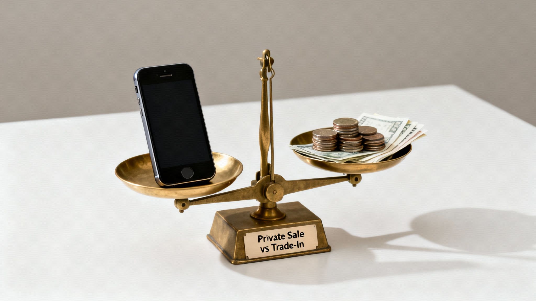 A brass balance scale comparing a smartphone on one side with stacks of money on the other, labeled 'Private Sale vs Trade-In'.