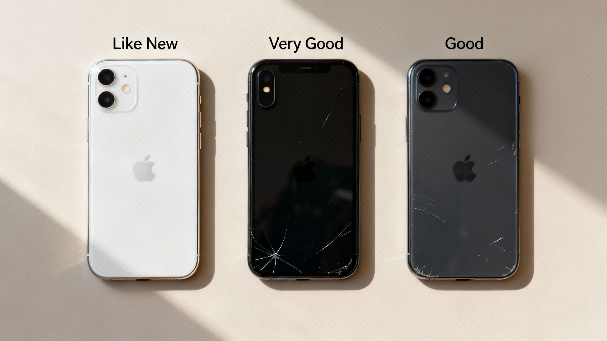 Three iPhones illustrating 'Like New', 'Very Good', and 'Good' refurbished conditions, showing wear.