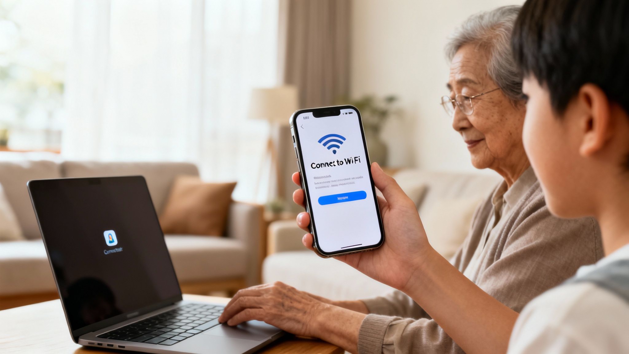 Elderly woman and child connecting to Wi-Fi on a smartphone, learning to use technology.