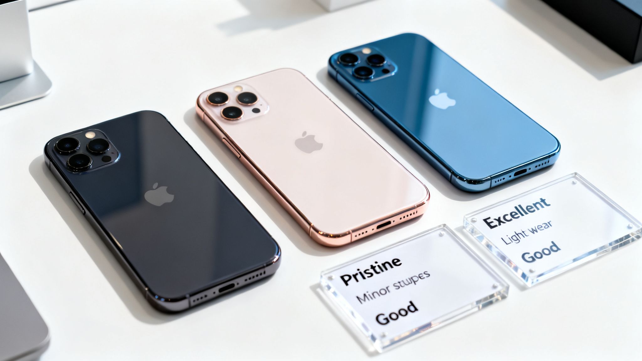 Three iPhones in black, rose gold, and blue, displayed with condition labels Pristine and Excellent.