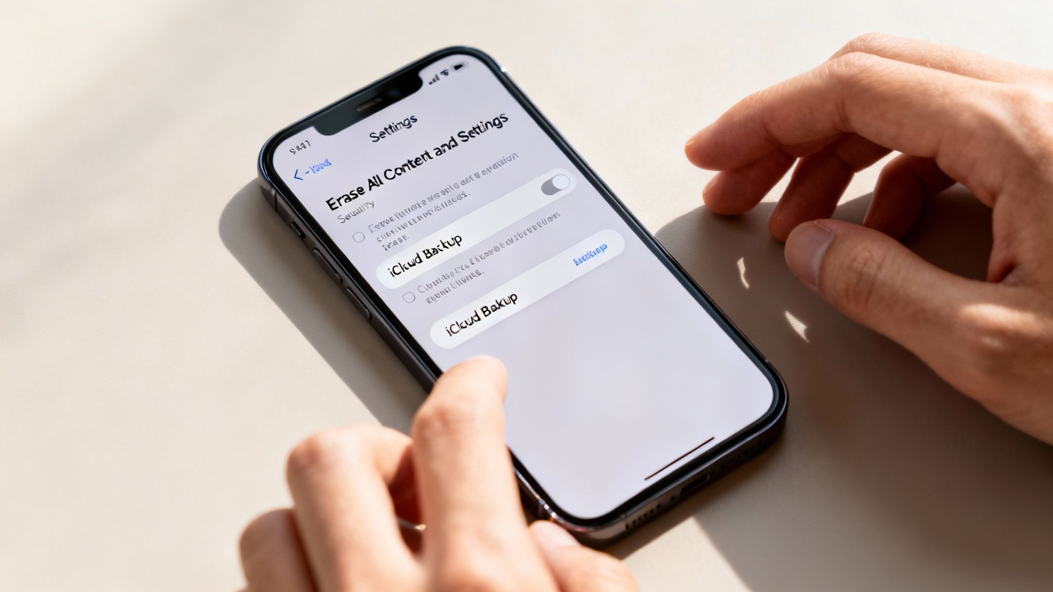 A person's hands interacting with an iPhone screen showing 'Erase All Content and Settings' and iCloud Backup options.