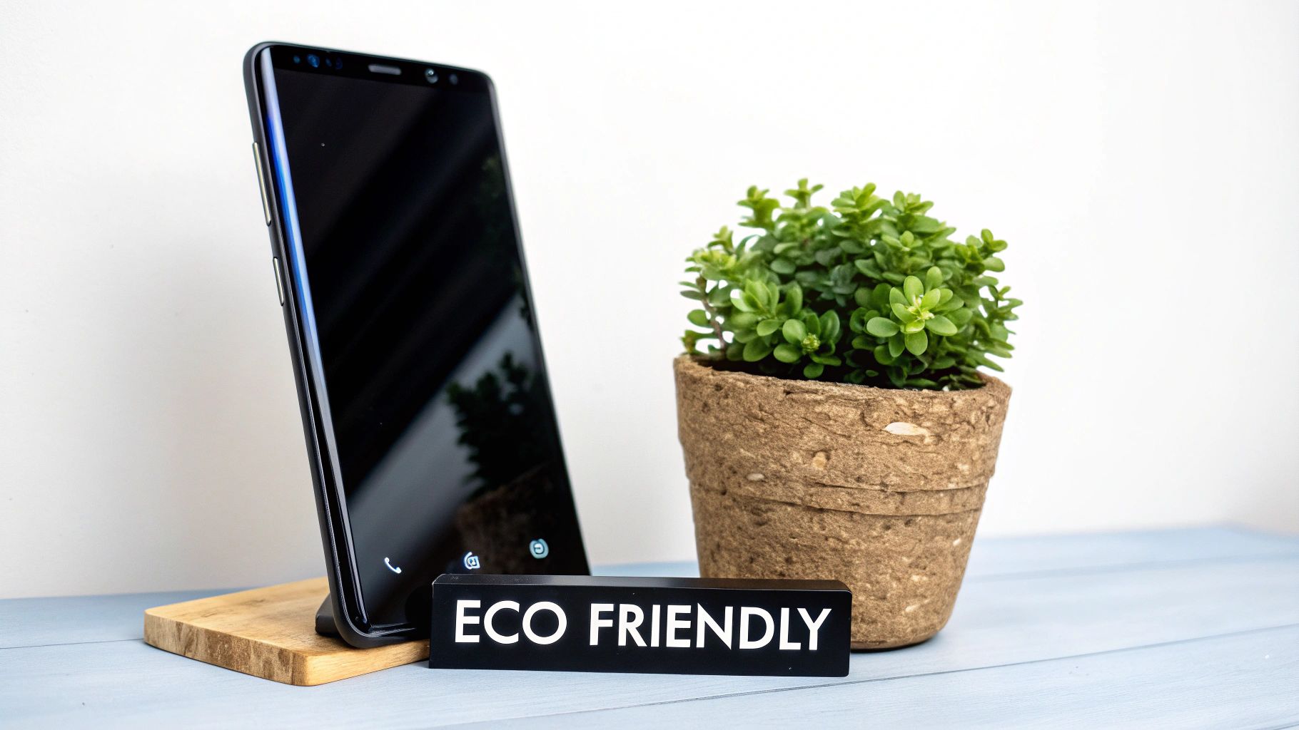 A person looking thoughtfully at a refurbished Samsung Galaxy phone with question marks floating around it.