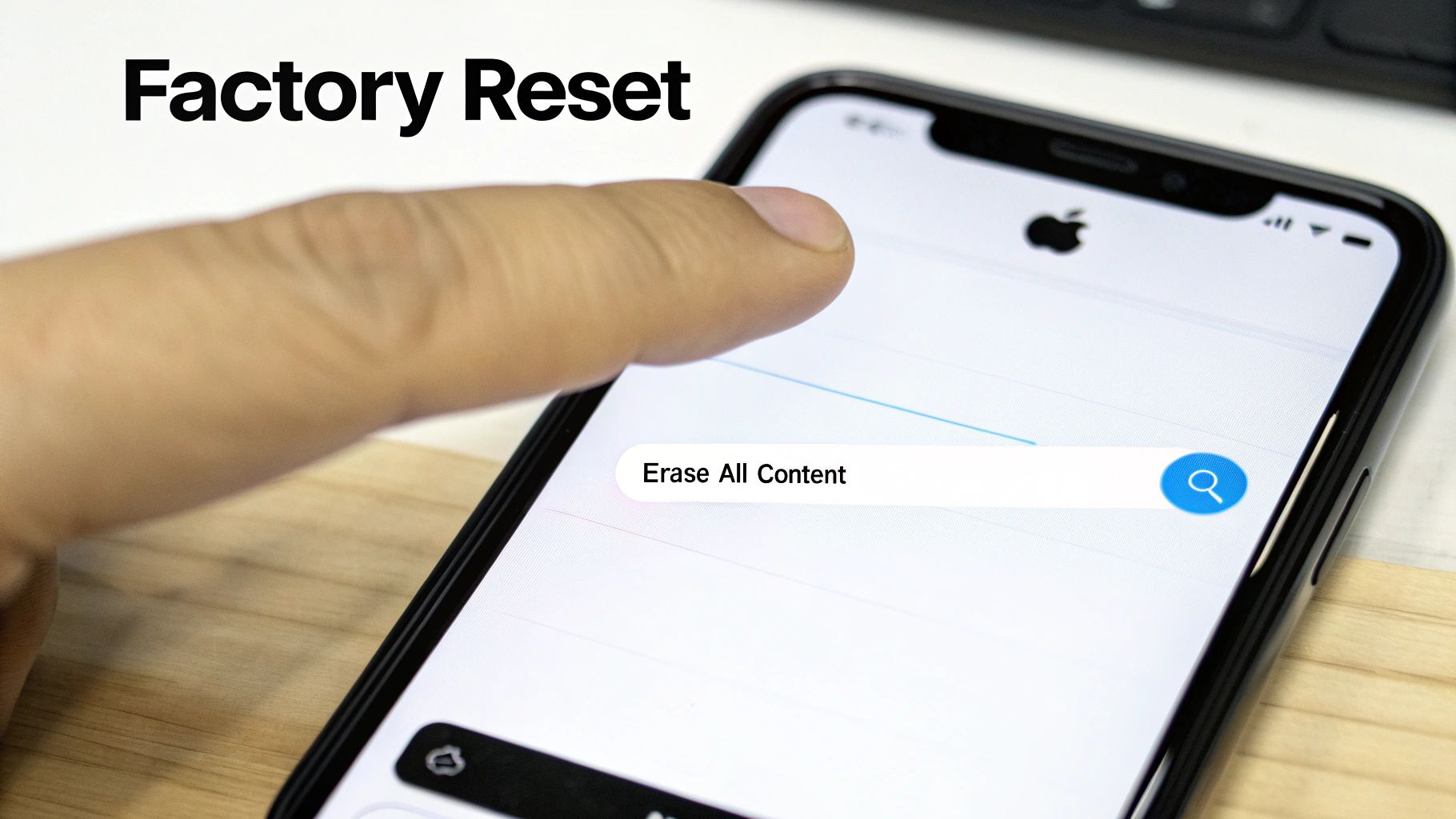A hand holding an iPhone displaying the settings icon, ready to be wiped clean.
