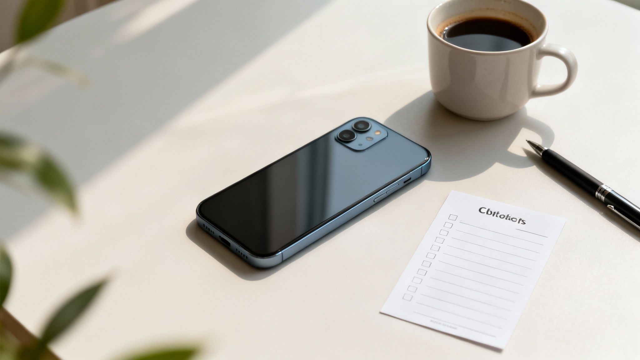 A clean desk flatlay with a blue smartphone, coffee, pen, and a checklist under natural light.