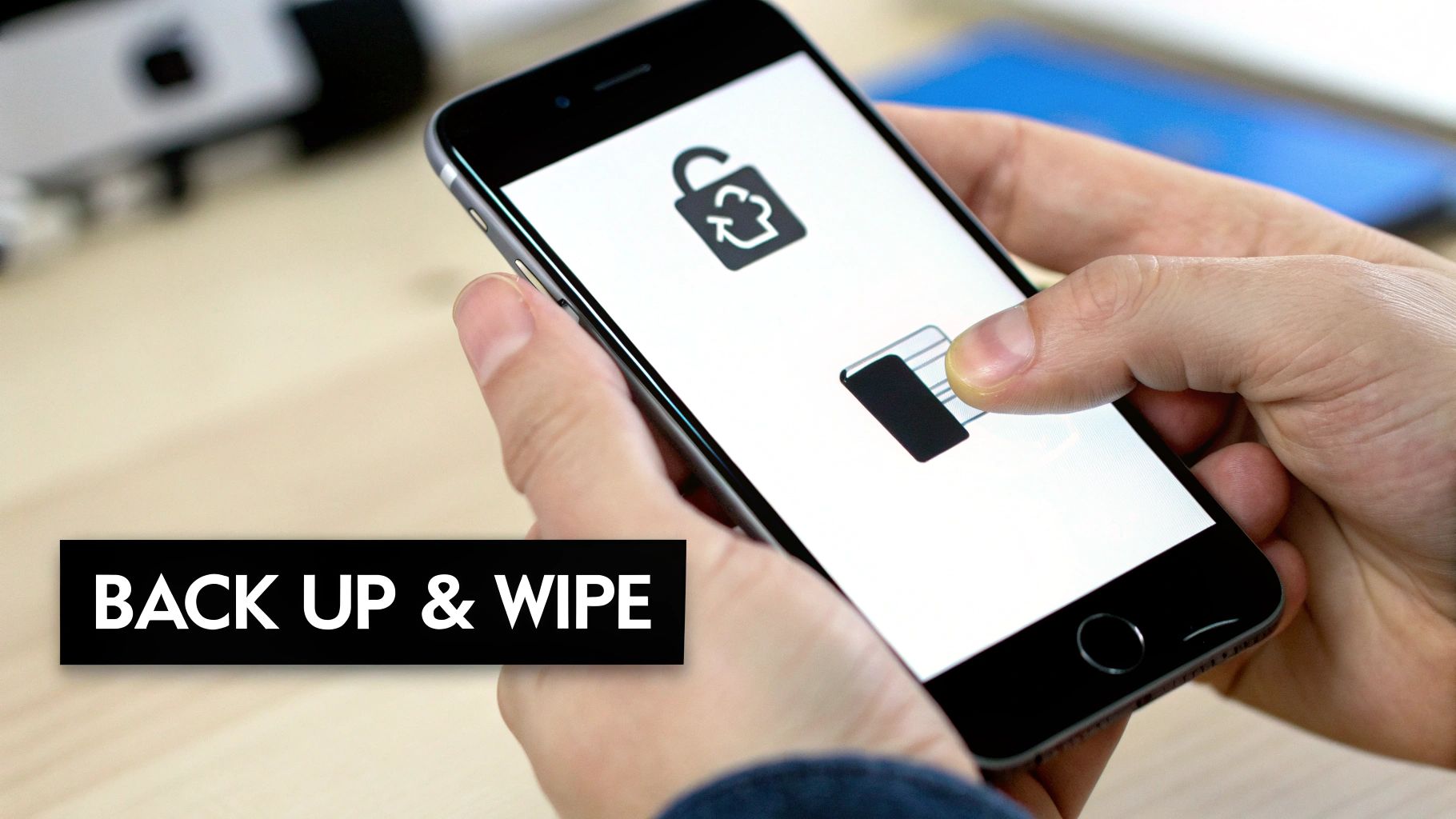 A person holding an iPhone, showing the 'erase all content and settings' screen, getting it ready for trade-in.