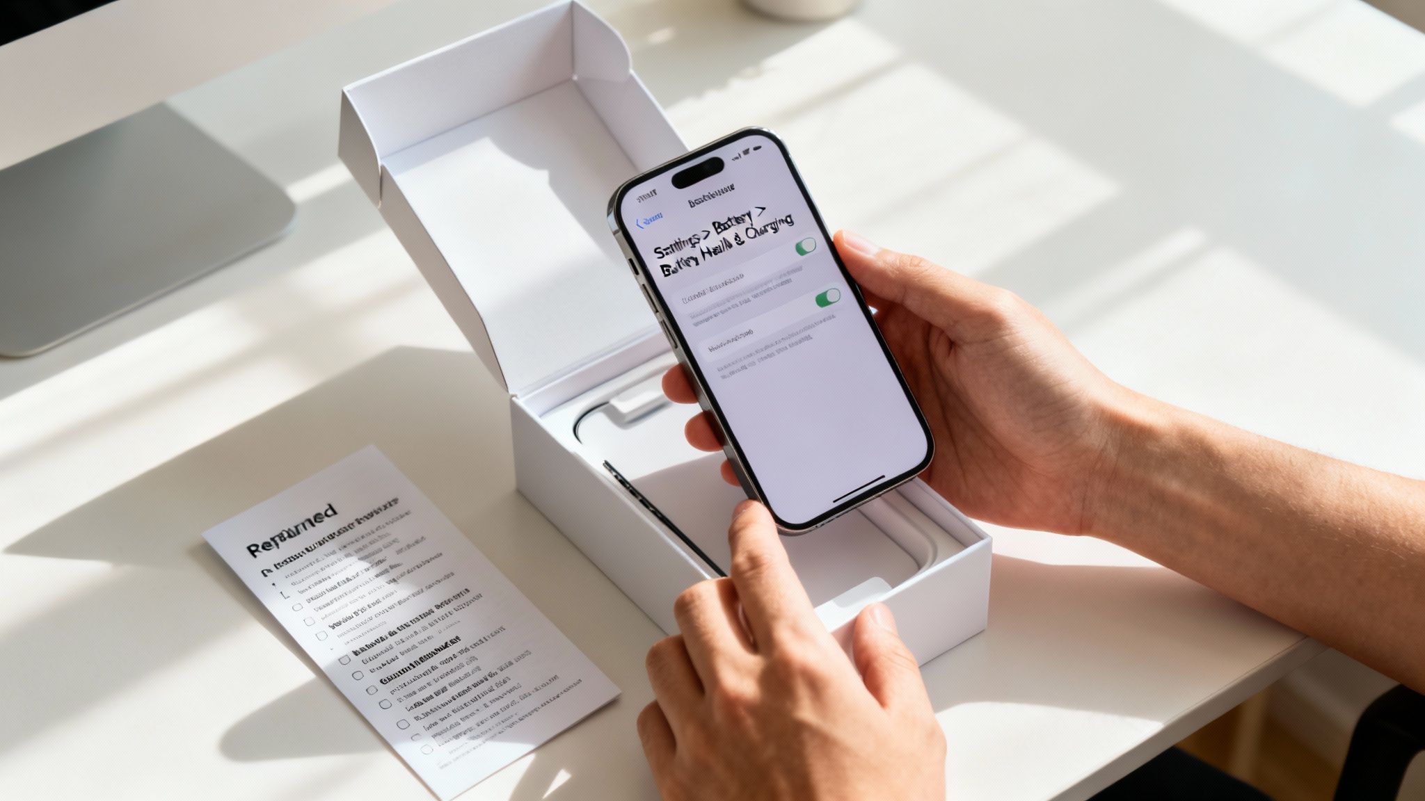 A person holds a refurbished iPhone displaying battery settings, next to its packaging and a 'Refurbished' checklist.