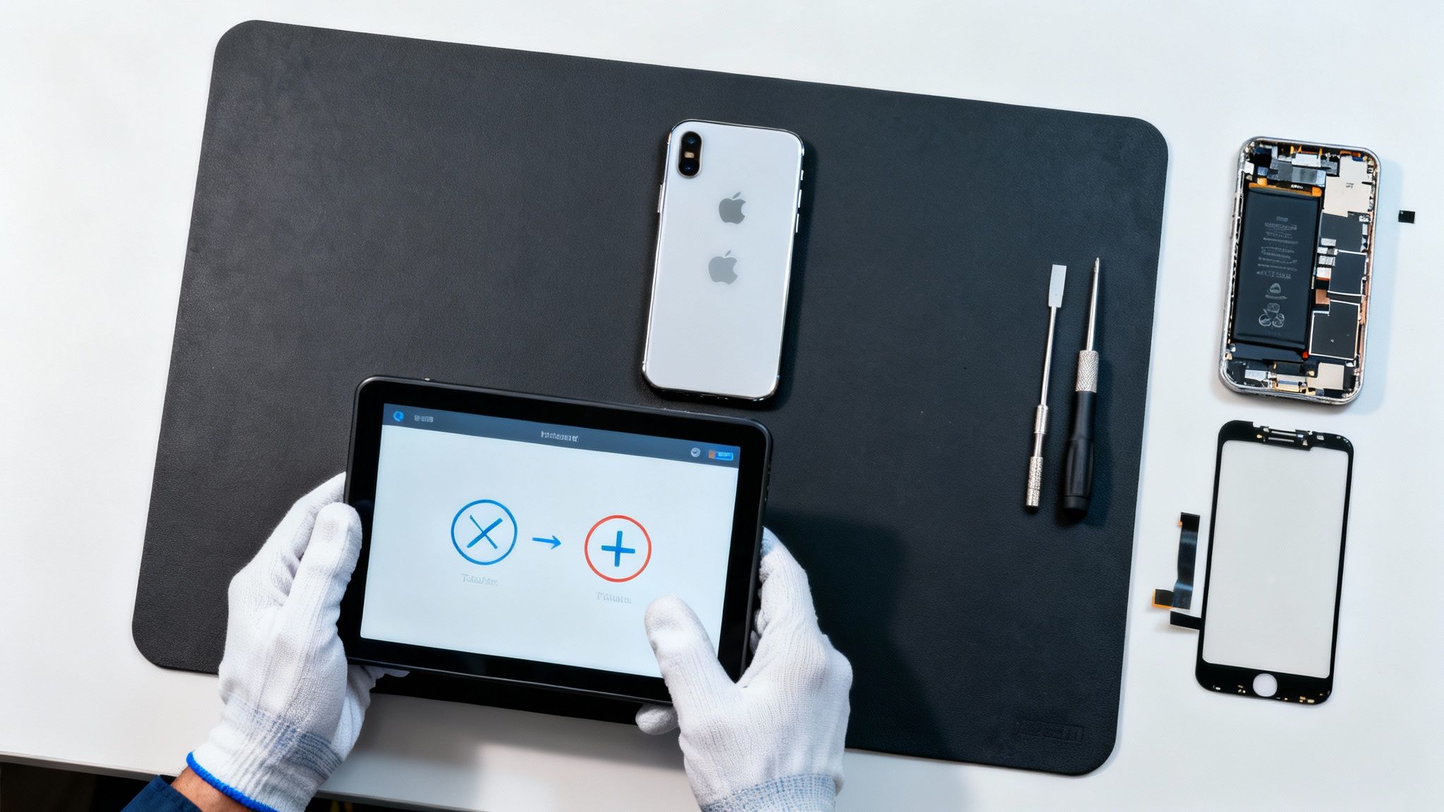 Hands in gloves hold a tablet, illustrating an iPhone repair process with tools and parts.