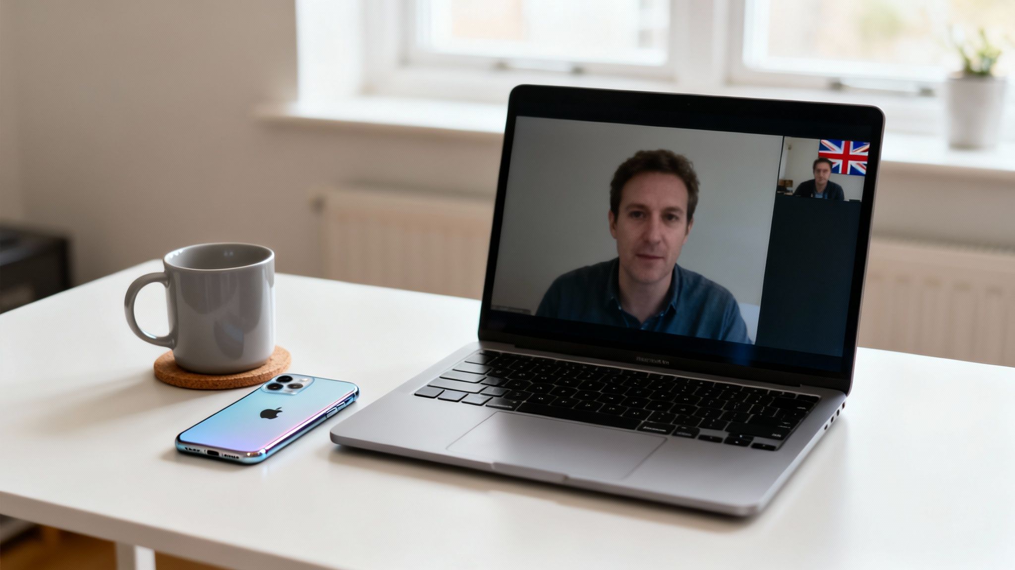 A clean workspace featuring a laptop with a video call, a vibrant iPhone, and a coffee mug.