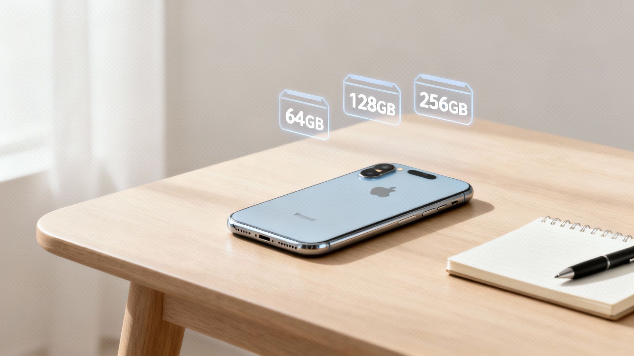 Blue iPhone on wooden desk with holographic 64GB, 128GB, 256GB storage icons, next to a notebook.