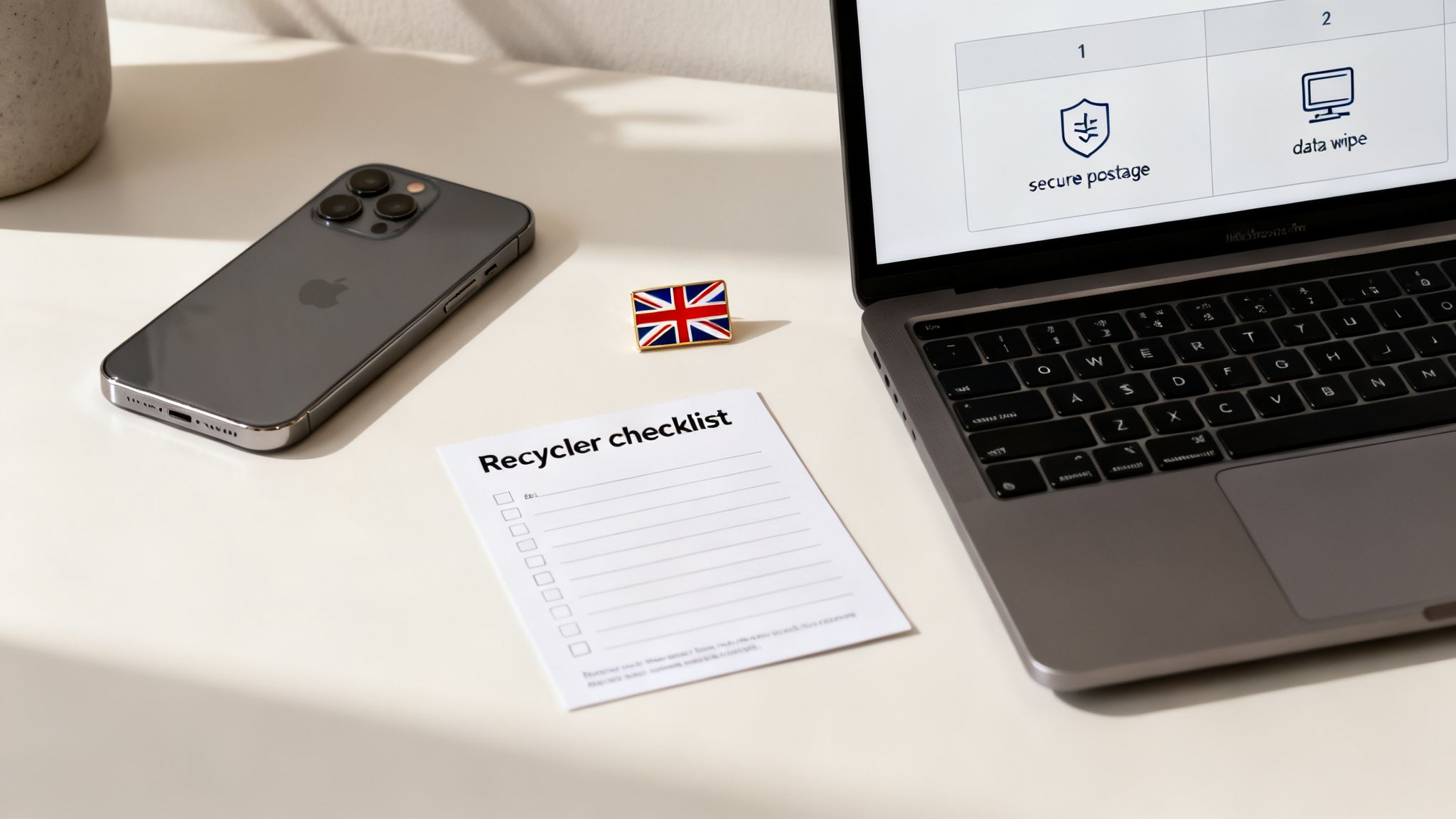 An iPhone and MacBook Pro on a white desk with a Union Jack pin and a recycler checklist.
