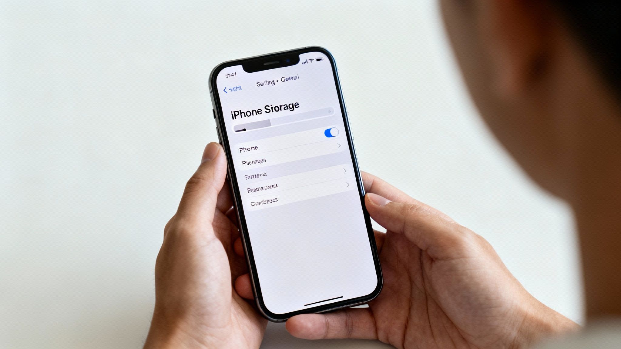 Person's hands holding an iPhone displaying the 'iPhone Storage' settings screen with data options.
