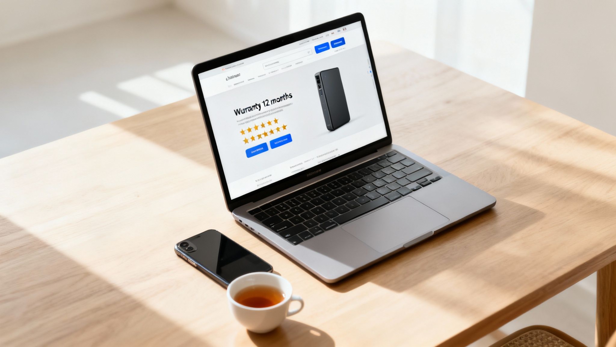 A laptop displaying a product website with 'Warranty 12 months', a smartphone, and tea on a sunlit wooden desk.