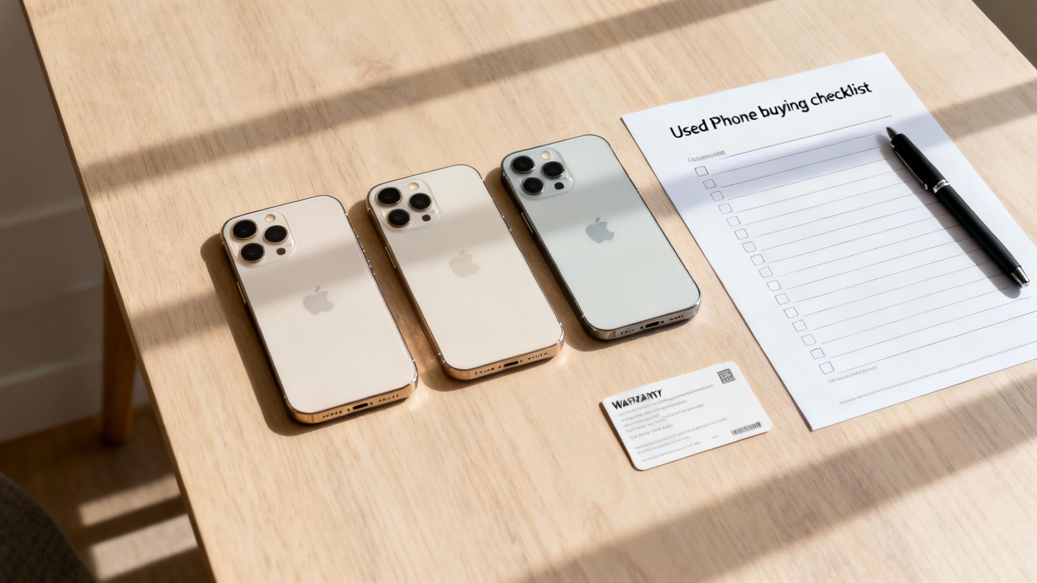 Three iPhones, a used phone buying checklist, a pen, and a warranty card on a wooden table.