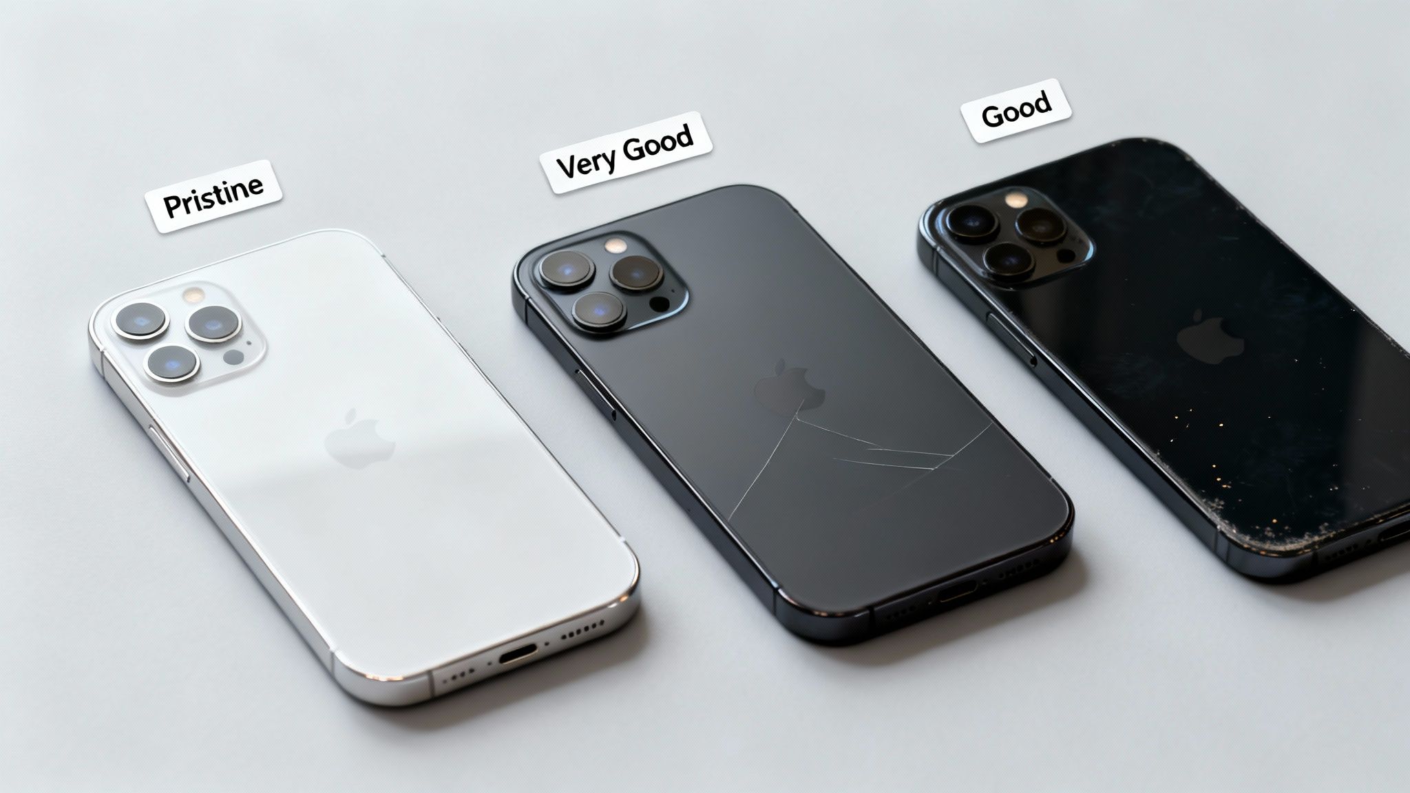 Three iPhones displayed side-by-side, illustrating pristine, very good with cracked back, and good condition.