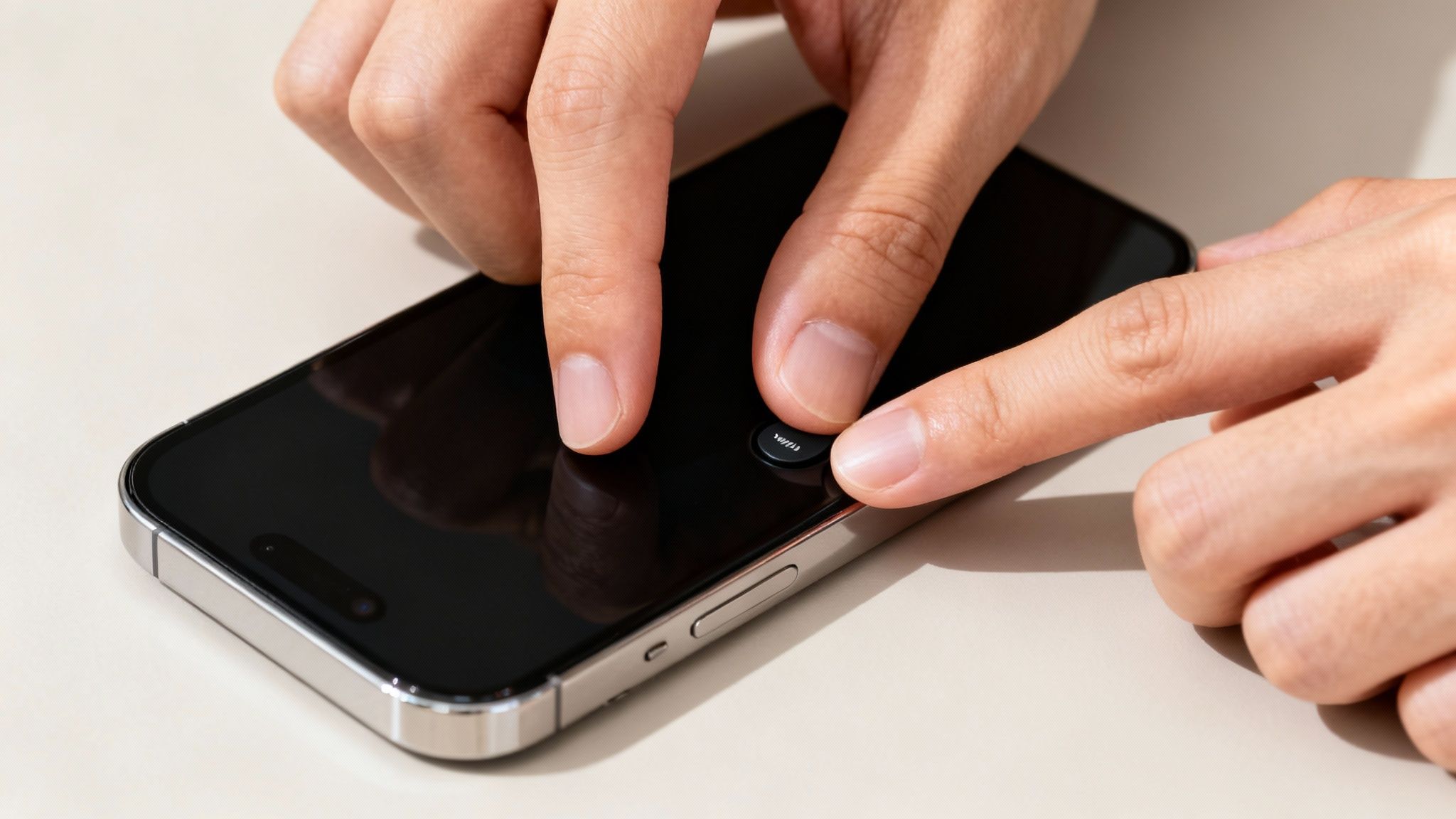 Hands placing a small black device onto a dark iPhone screen, possibly for testing or repair.