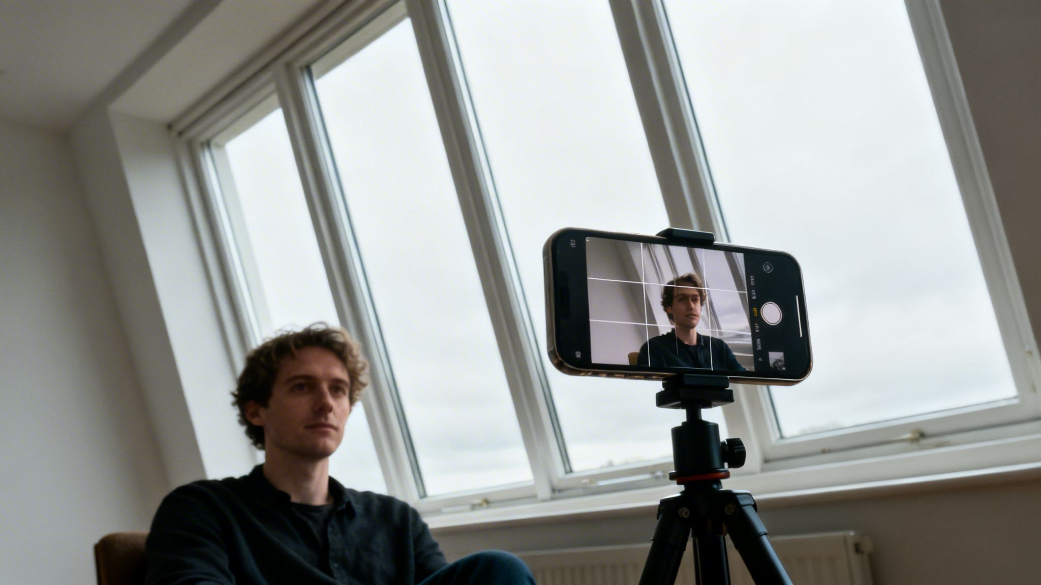 A man is sitting, looking to the side, while an iPhone on a tripod records him in a bright room.