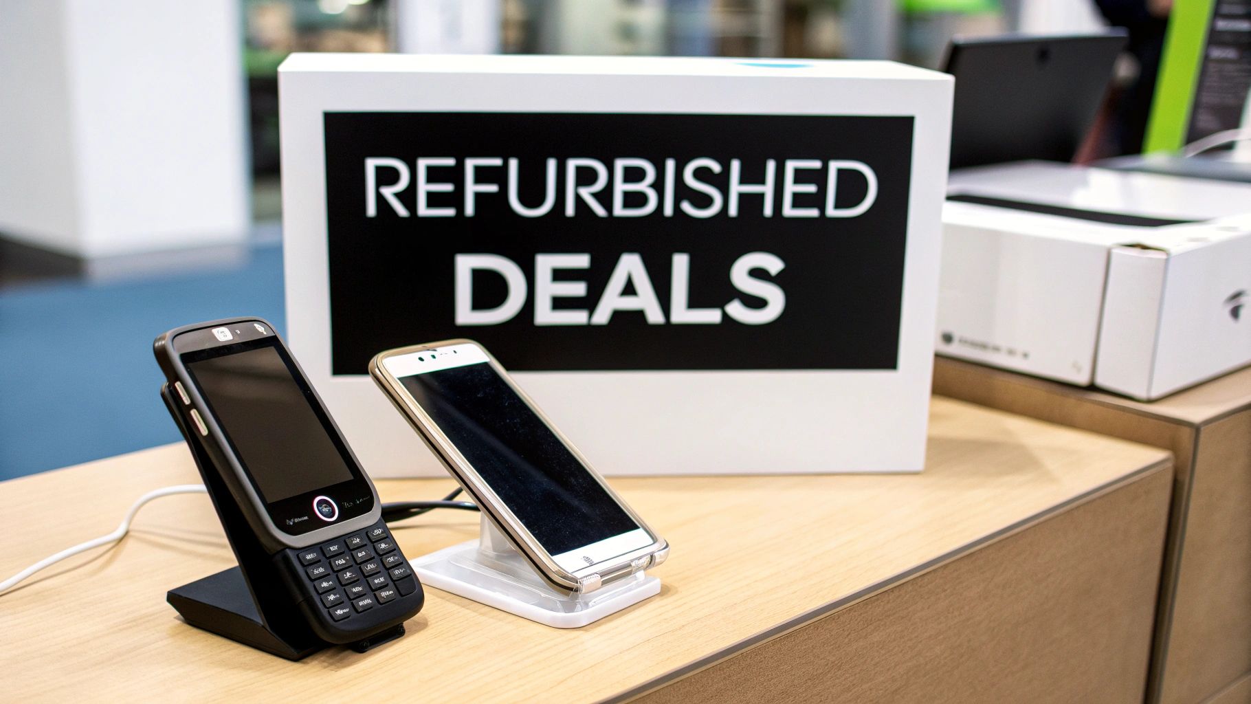 A person's hands holding a refurbished iPhone, with another person's hands passing them cash in exchange for their old phone.