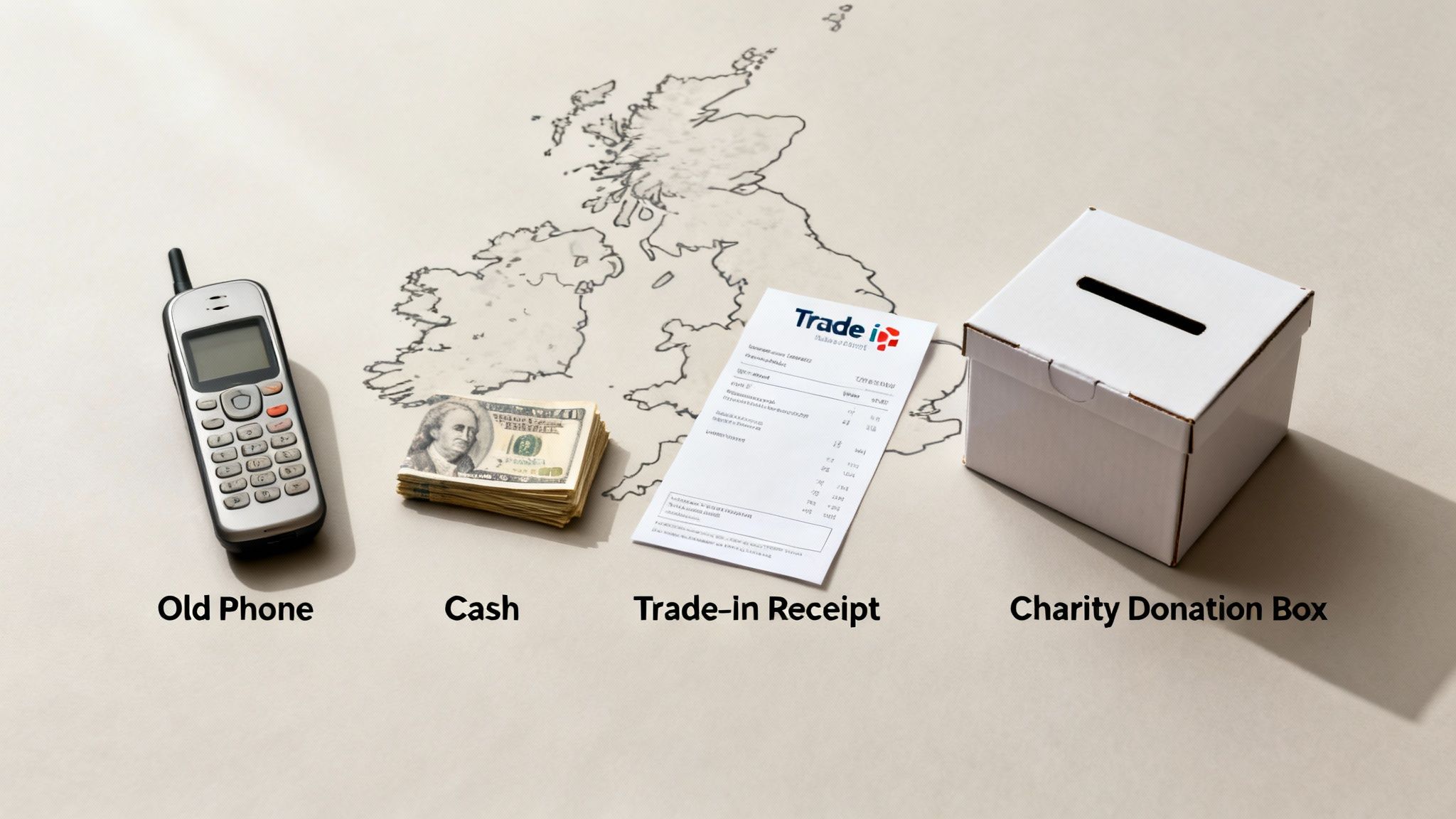 An old mobile phone, cash, a trade-in receipt, and a donation box on a UK map, showing options for old phones.