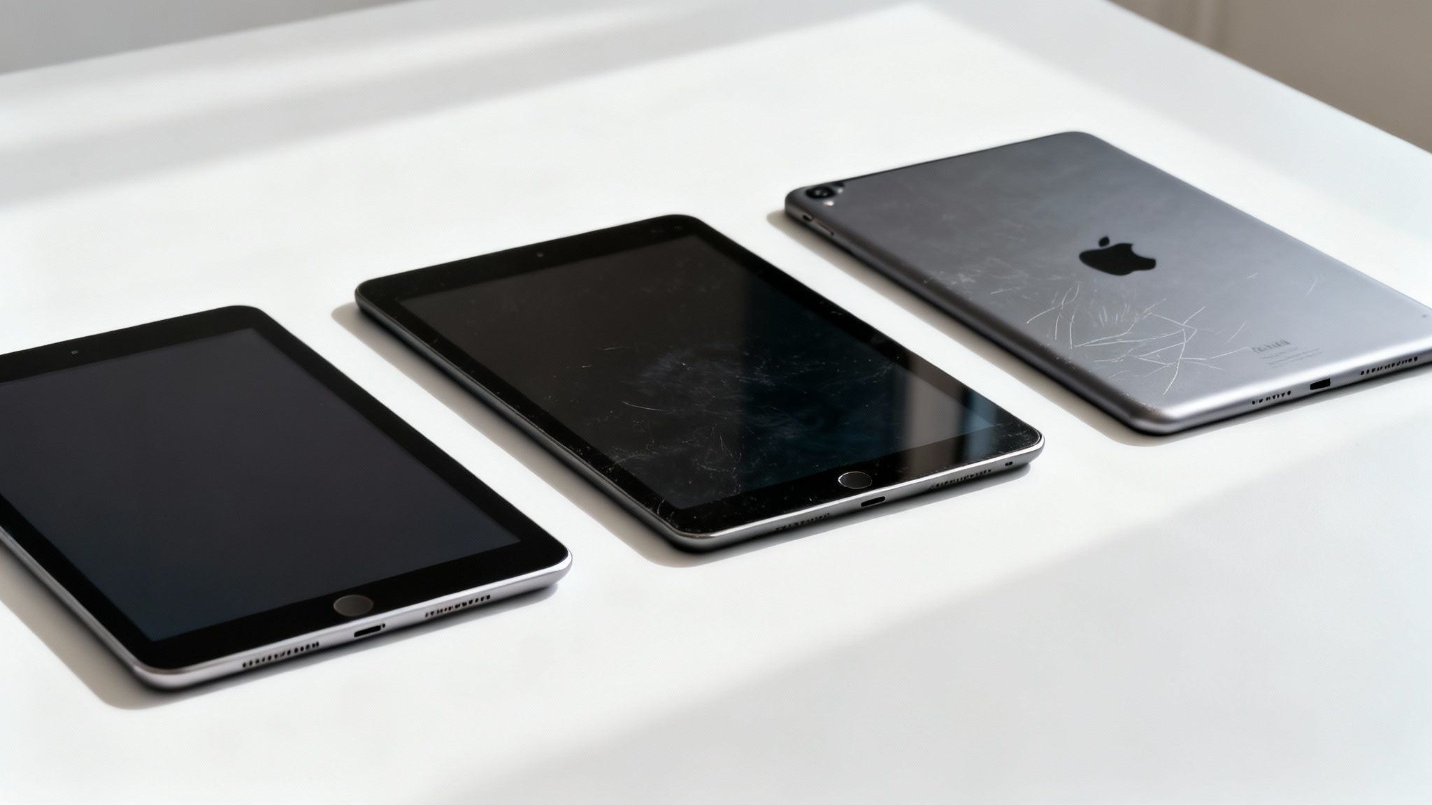 Three used iPads, two with dark screens, one with a scratched silver back, on a white surface.
