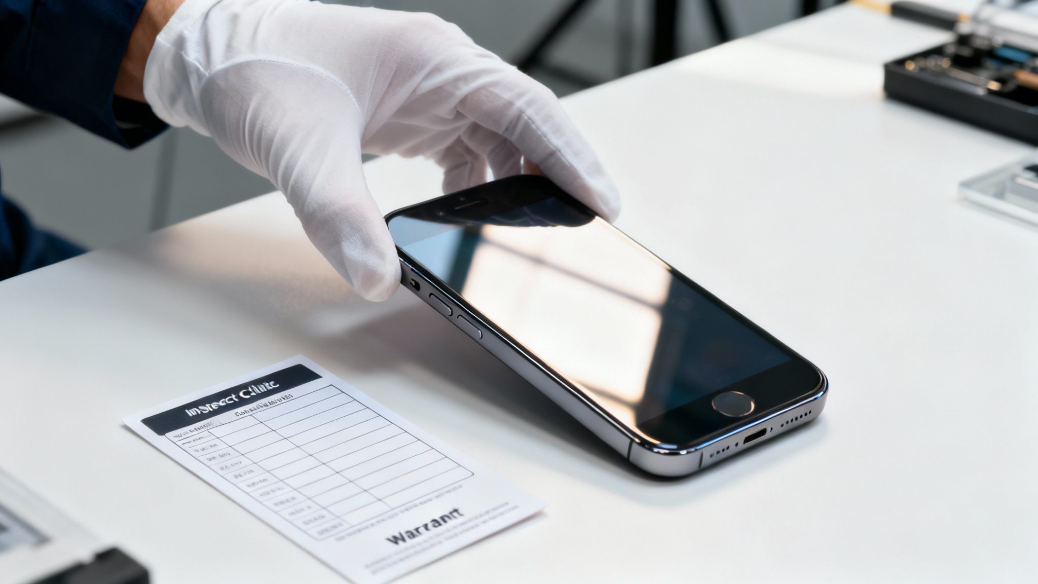 A person wearing white gloves holds a black smartphone on a white table with a repair slip.