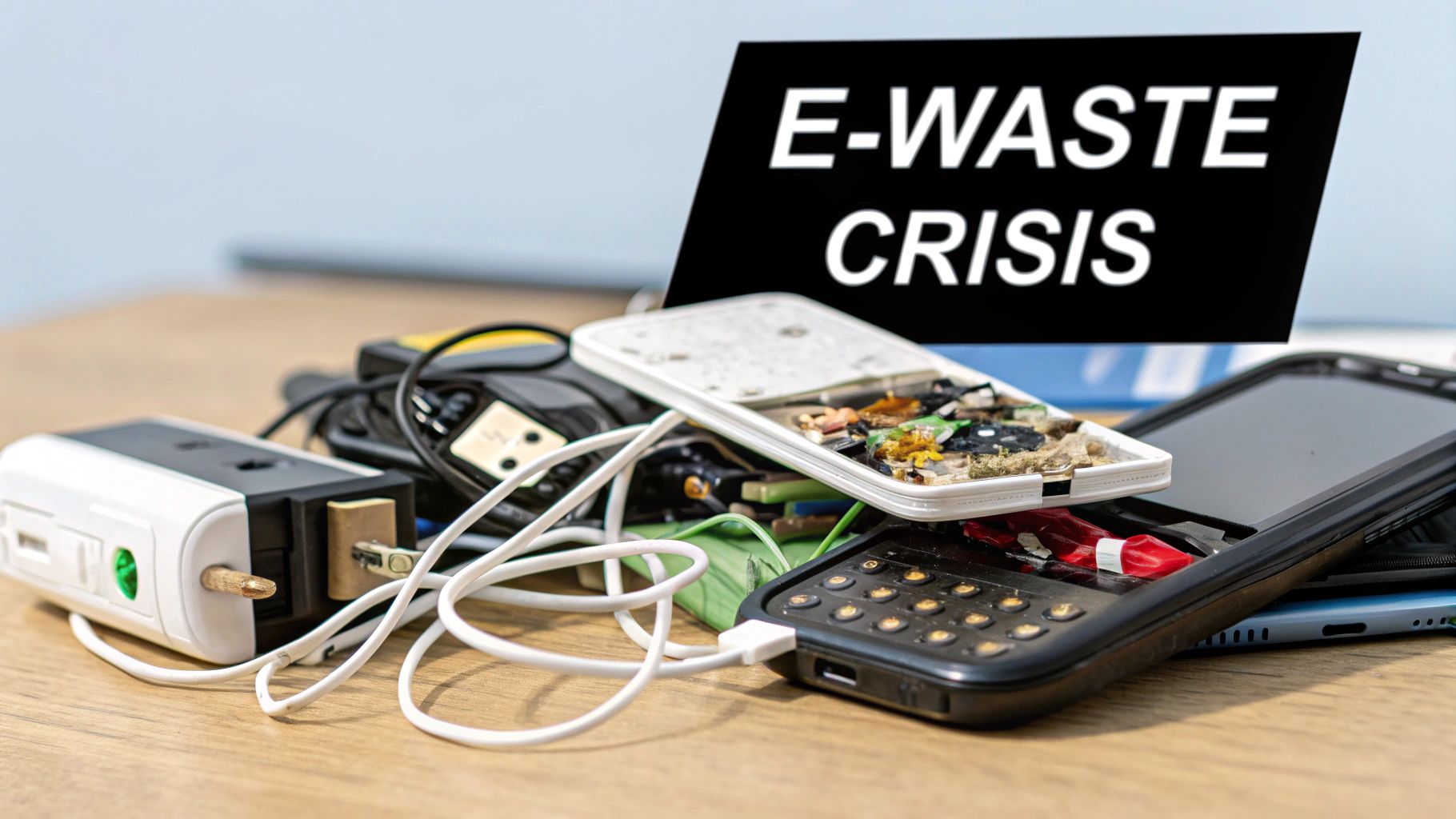 A large pile of discarded electronic waste including monitors, keyboards, and printers.