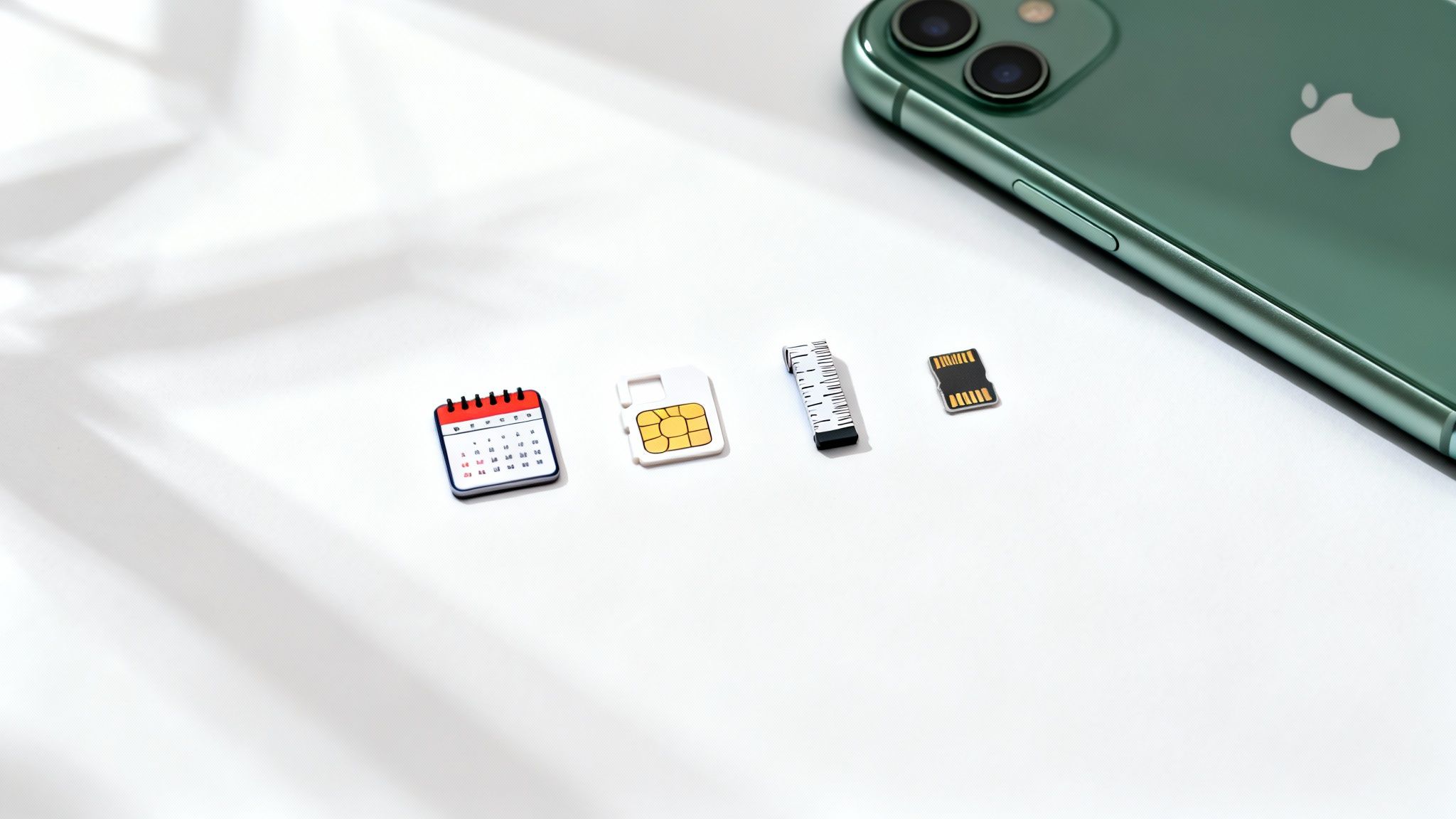 A green iPhone 11 with small items: a calendar, a SIM card, a ruler, and a microSD card.